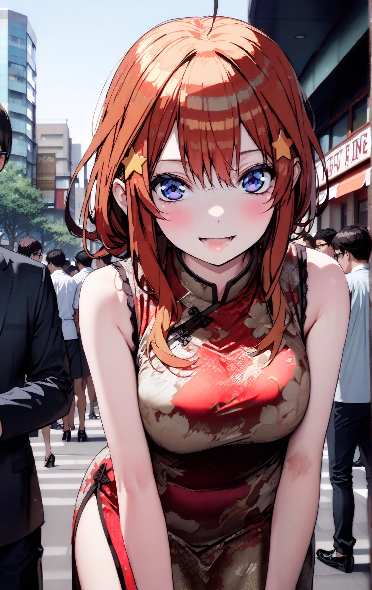 Nakano Mizuki ,  long hair,  blue eyes,  hair ornament,  red hair,  hair bun , star (  symbol ), Lick the boy's penis with half-framed glasses ,  glasses under the rim, star  hair ornament, smile,blush, open the mouth,sleeveless red china clothes,Big Breasts,Long slit,Bare legs, pin heels, standing,noon,Holding a stack of papers in both arms, sign,crowd,whole bodyがイラストに入るように,                                                          
break outdoors, downtown,
break looking at viewer,whole body,
break ( Masterpiece:1.2), top quality , kampala, Unity 8k Wallpaper,(shape:0.8),(  fine, beautiful eyes  :1.6),It's a person ,whole body写真,CG Details , ( perfect hands, Complete Anatomy),
