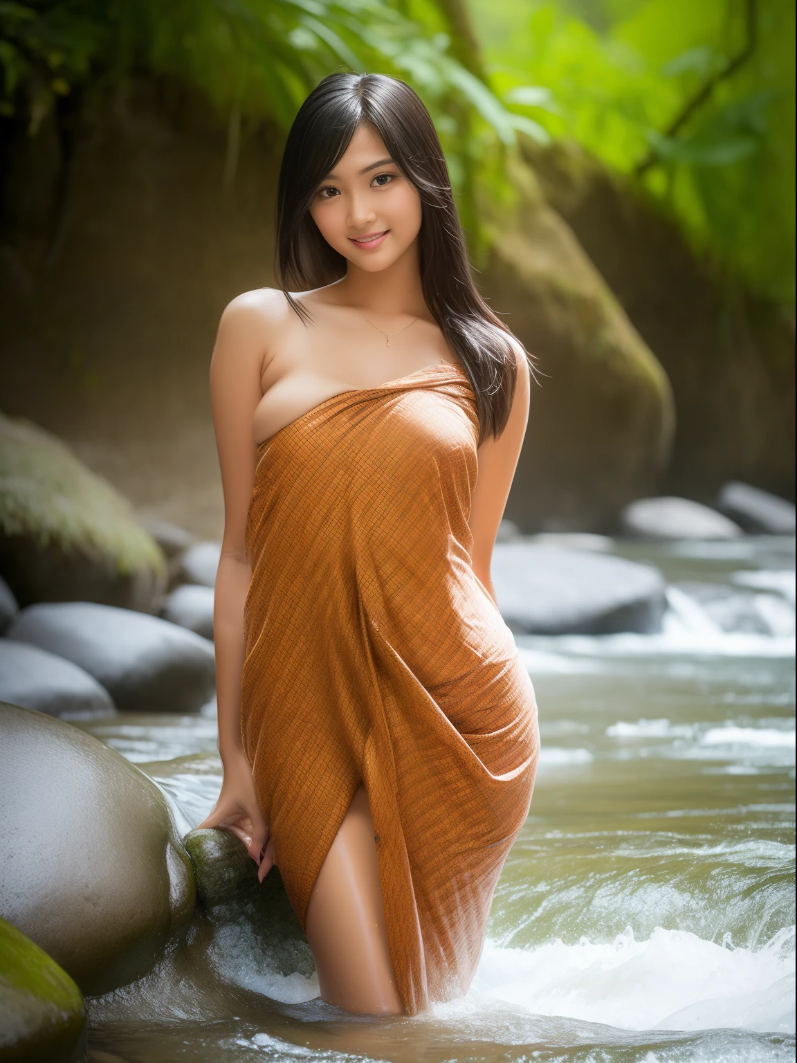 A Beautiful Girl, Age 18-25 years, long-haired, long-hairedถึงก้น, Fair-skinned, slim, enormous breasts, breast augmentation, small waist, flat stomach, elongated legs, waterfall, stream, river bank, natural, Thai sarong, Thai fabric pattern, bathe