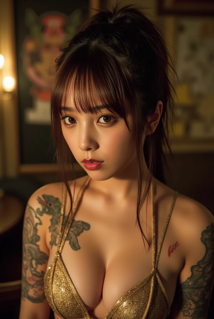 16-year-old girl Wahori skin, Yakuza, japanese mafia, Background of Tokyo Red Light District, realistic, Photoreal, masterpiece, highest quality, Movie photo of a Japan cartel gang with tattoos, spectacular lighting, japanese Yakuza tattoo, Japanese art, Japanese culture, sexy, exotic, erotic