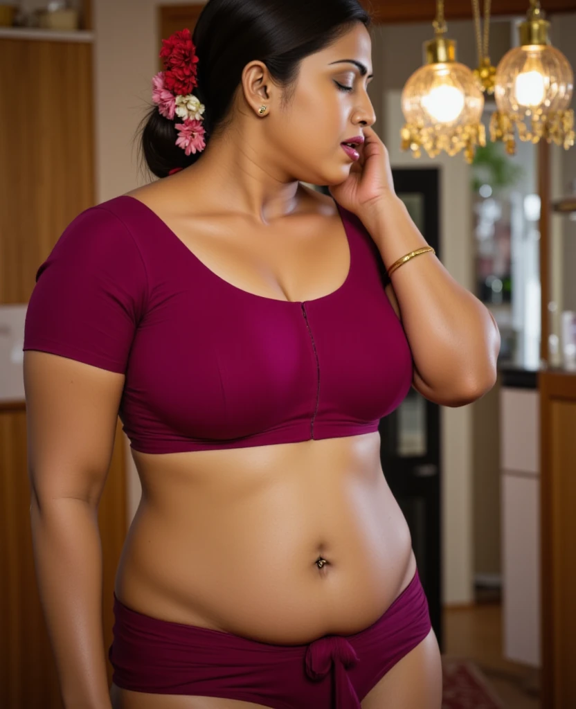 a full body shot of a chubby 25 year old Indian Lady in Red shorts and Pink Top, wearing a Black Mask, at home, Cleavage visible