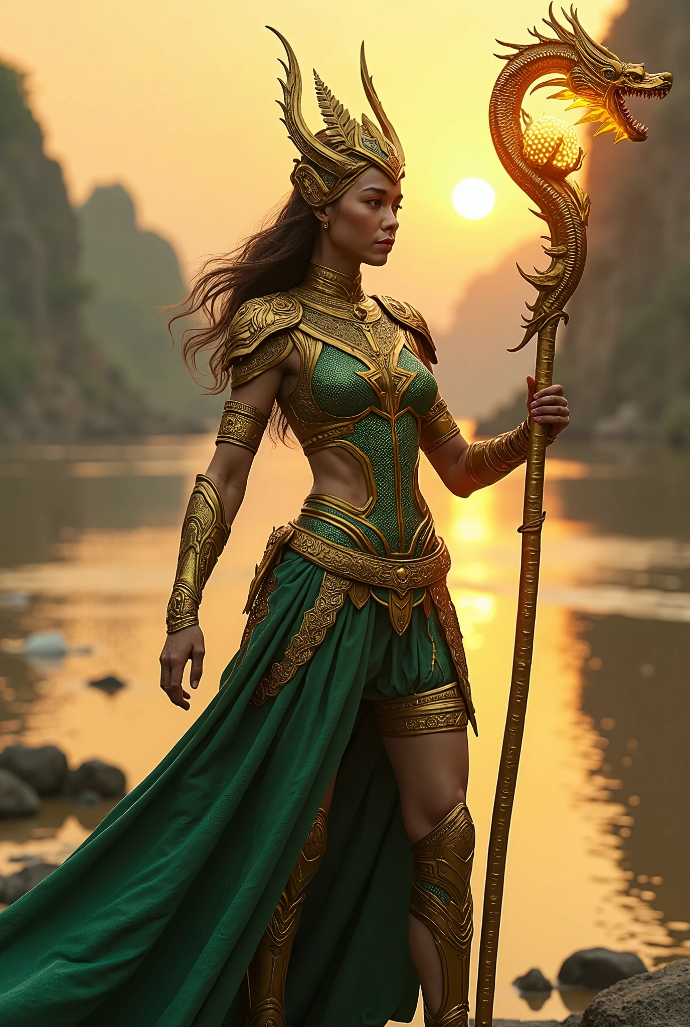 arafed-woman-in-green-and-gold-outfit-holding-a-dragon-seaart-ai