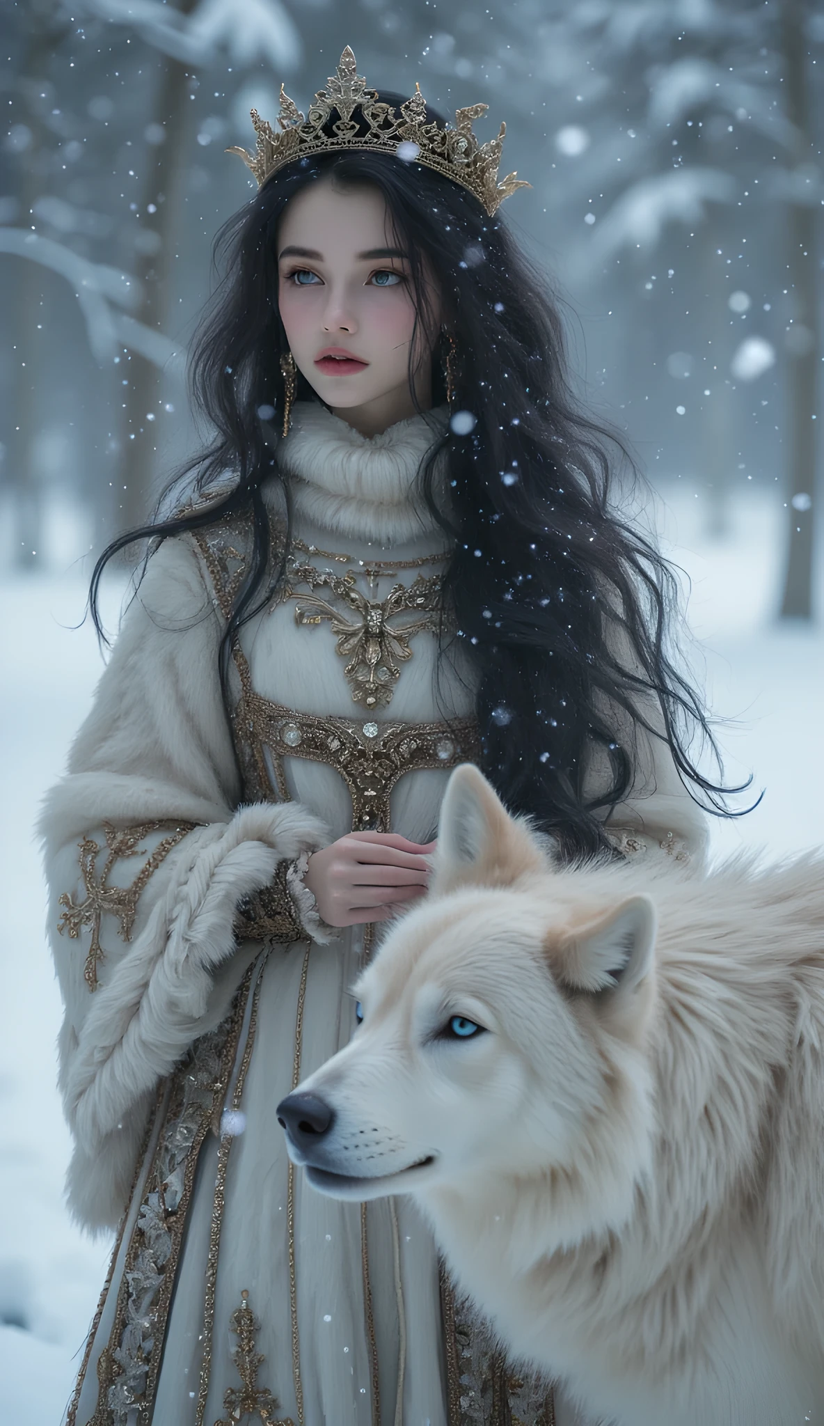  The beautiful princess wears a neat fluffy winter dress in a winter theme , Snowfall ,White Wolf, , and her big wolf is next to her. , , long hair, black, healthy, shiny, and eyes. Beautiful, looks cute and she feels safe , wearing an expensive winter dress in a Viking theme  ,And the crown , A big white wolf is looking at us.




