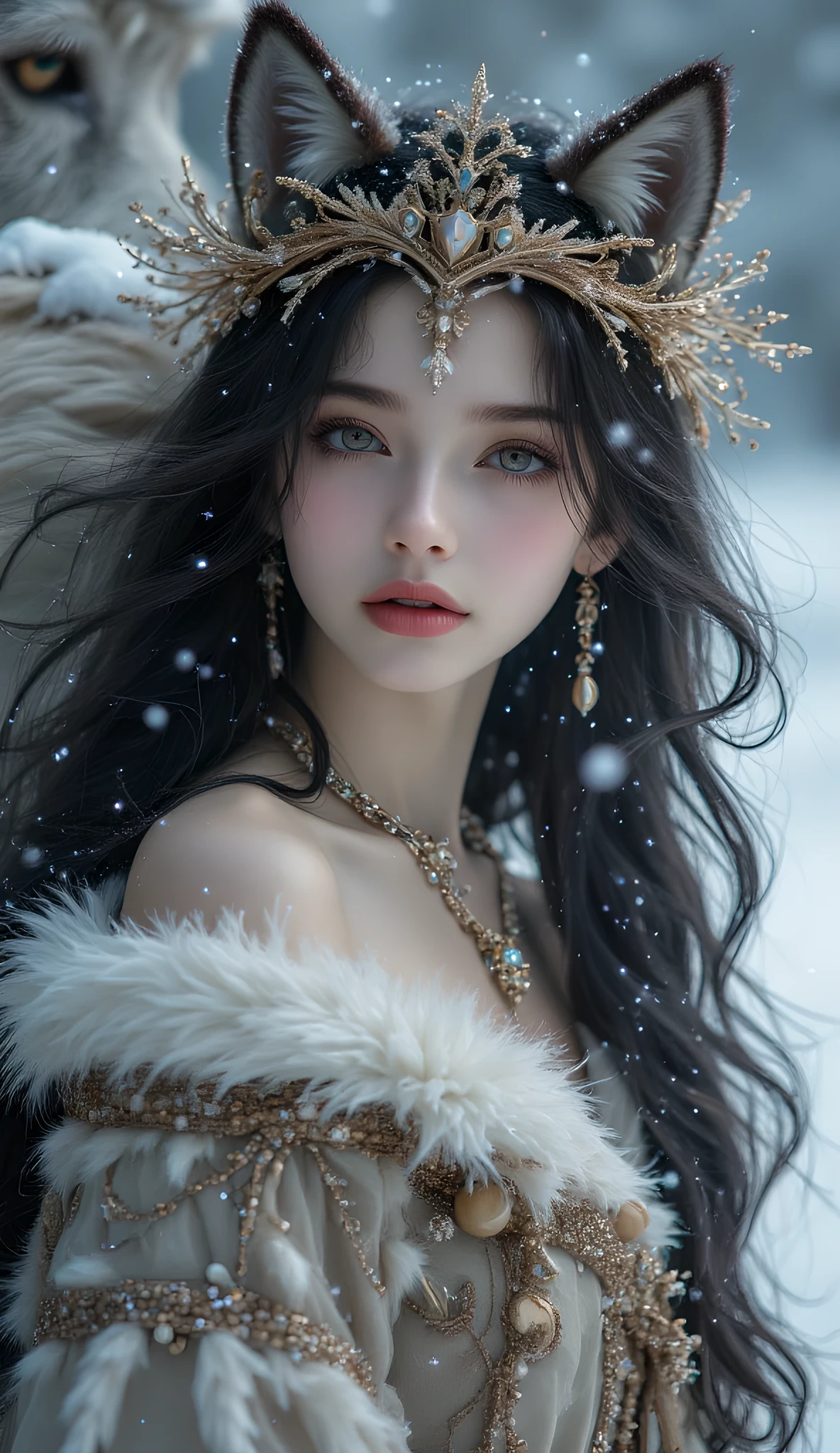  The beautiful princess wears a neat fluffy winter dress in a winter theme , Snowfall , , and her big wolf is next to her. , , long hair, black, healthy, shiny, and eyes. Beautiful, looks cute and she feels safe , wearing an expensive winter dress in a Viking theme  ,And the crown , A big wolf is looking at us 





