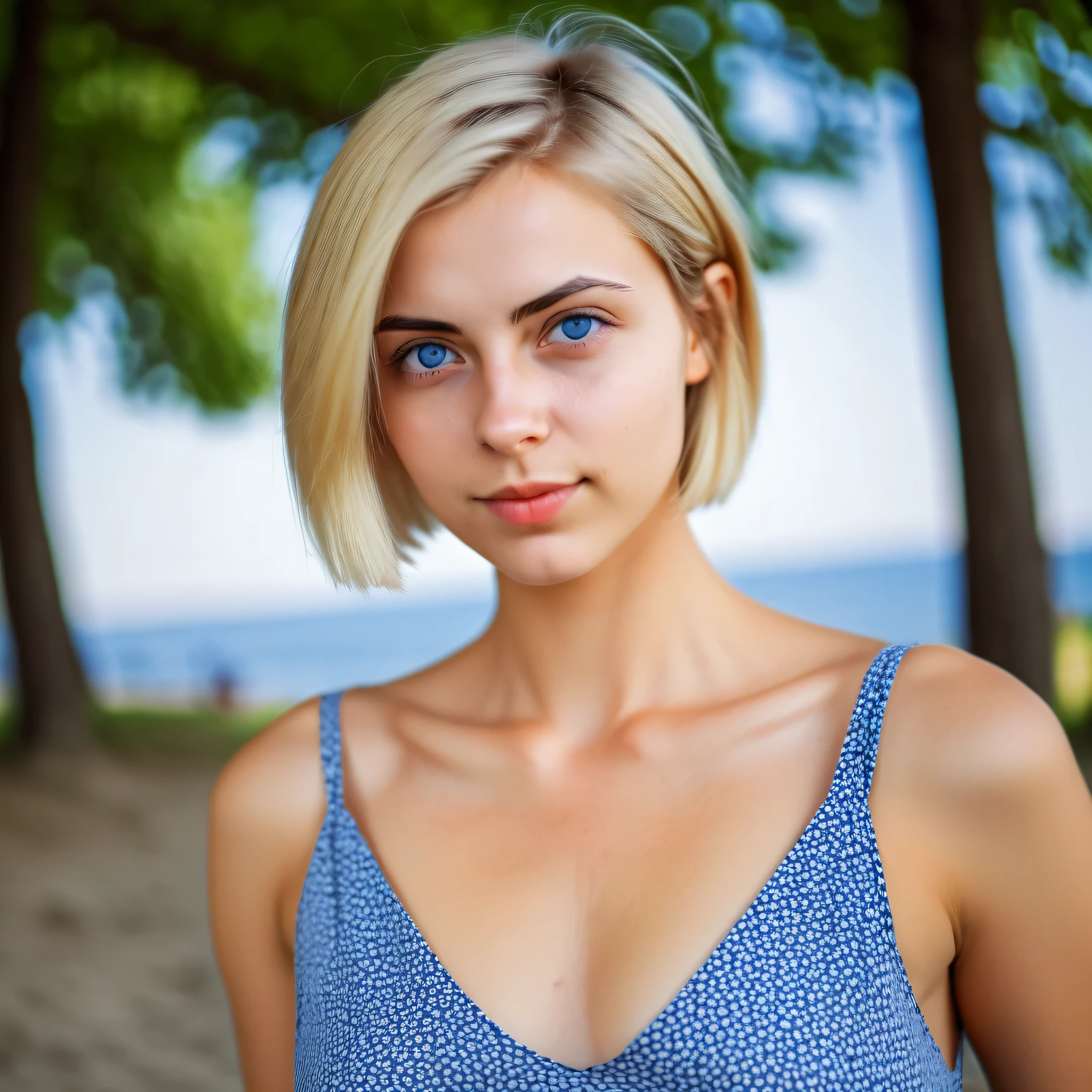 beautiful woman european,  25 years old, dark blue eyes,  blond short hair, Sultern straight, Focus on V-neck and face,  Chest size B , summer dress