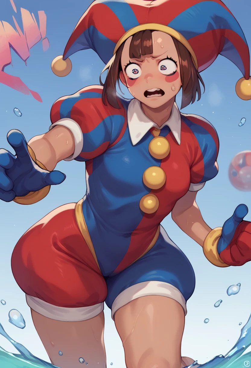 1girl, solo, indoors, full body, standing, smile, pomni, multicolored clothes, jester cap, puffy short sleeves, gloves, buttons, colored skin, symbol-shaped pupils, red eyes, blue eyes, huge breast, curvy