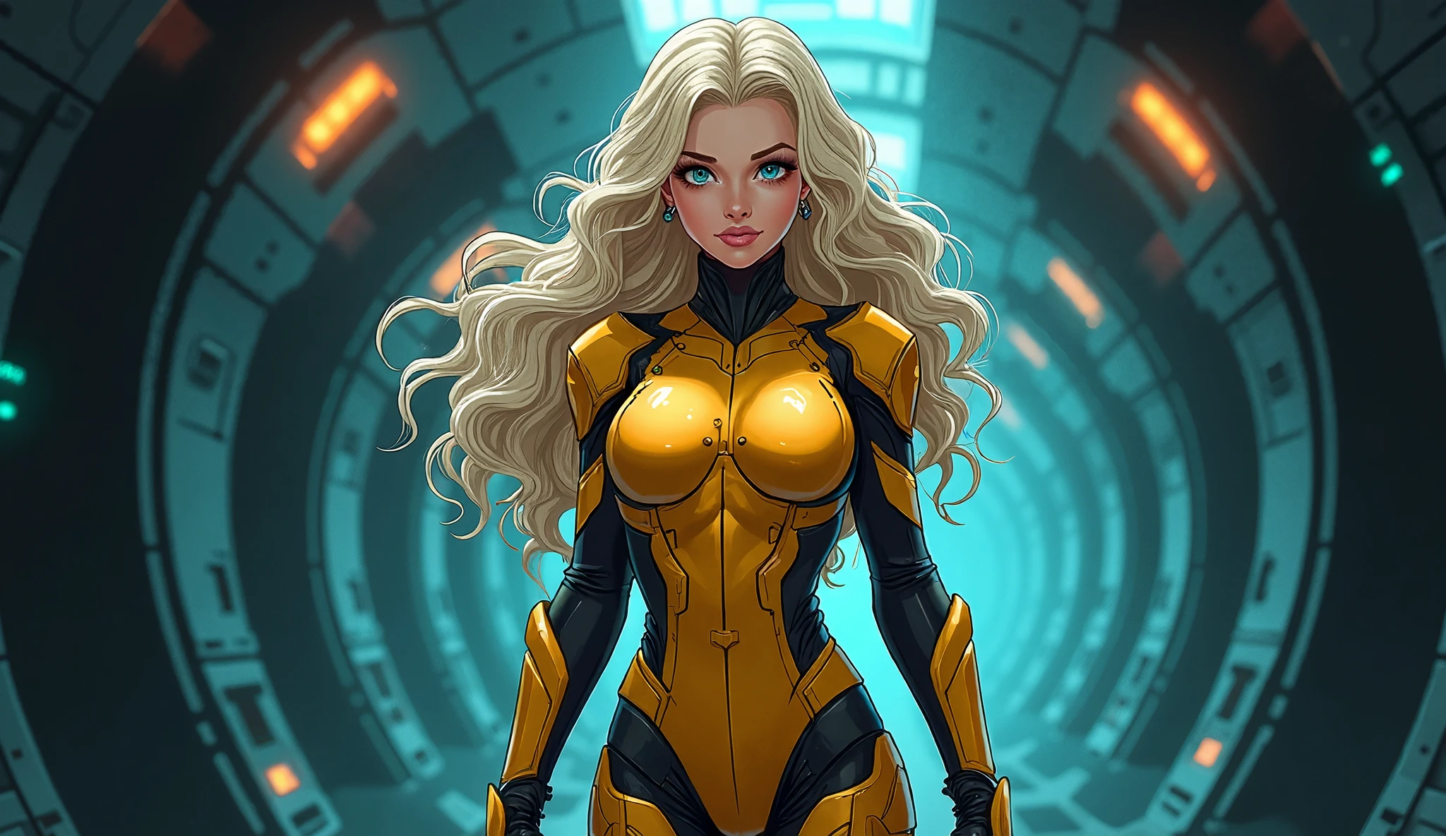 (best quality,8k:1.2,high resolution:1.2),ultra-detalhado,Realistic,retro space guardian female,static pose,long hair,rosto extremamente detalhados,long eyelashes,shine orange metalic armor over light brown nylon catsuit,all light beige pantyhose,gloves,Glossy metalic accessories,Physically-based rendering,foco nítido,studio lighting