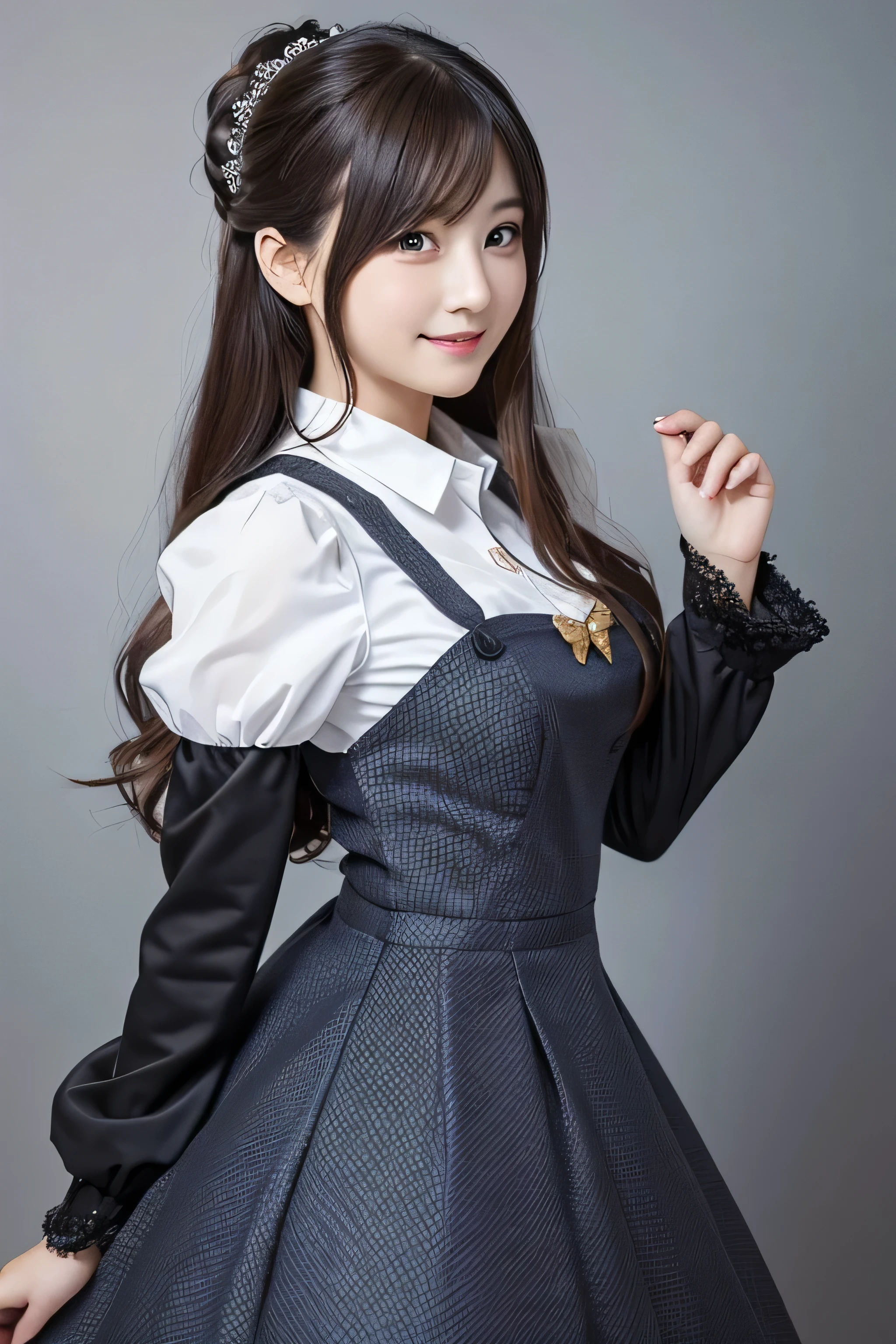 Realistic Photo Quality 、There is a woman in a blue and white dress and black gloves, Anime Girl Cosplay , Anime Cosplay , Cosplay Photo, Professional Cosplay , costume with line art blue accents , Elegant Glamorous Cosplay , Maid! dress、 looking at camera、Detailed and beautiful eyes、 cute smiles 、 soft and gentle expression 、 has a smiling face