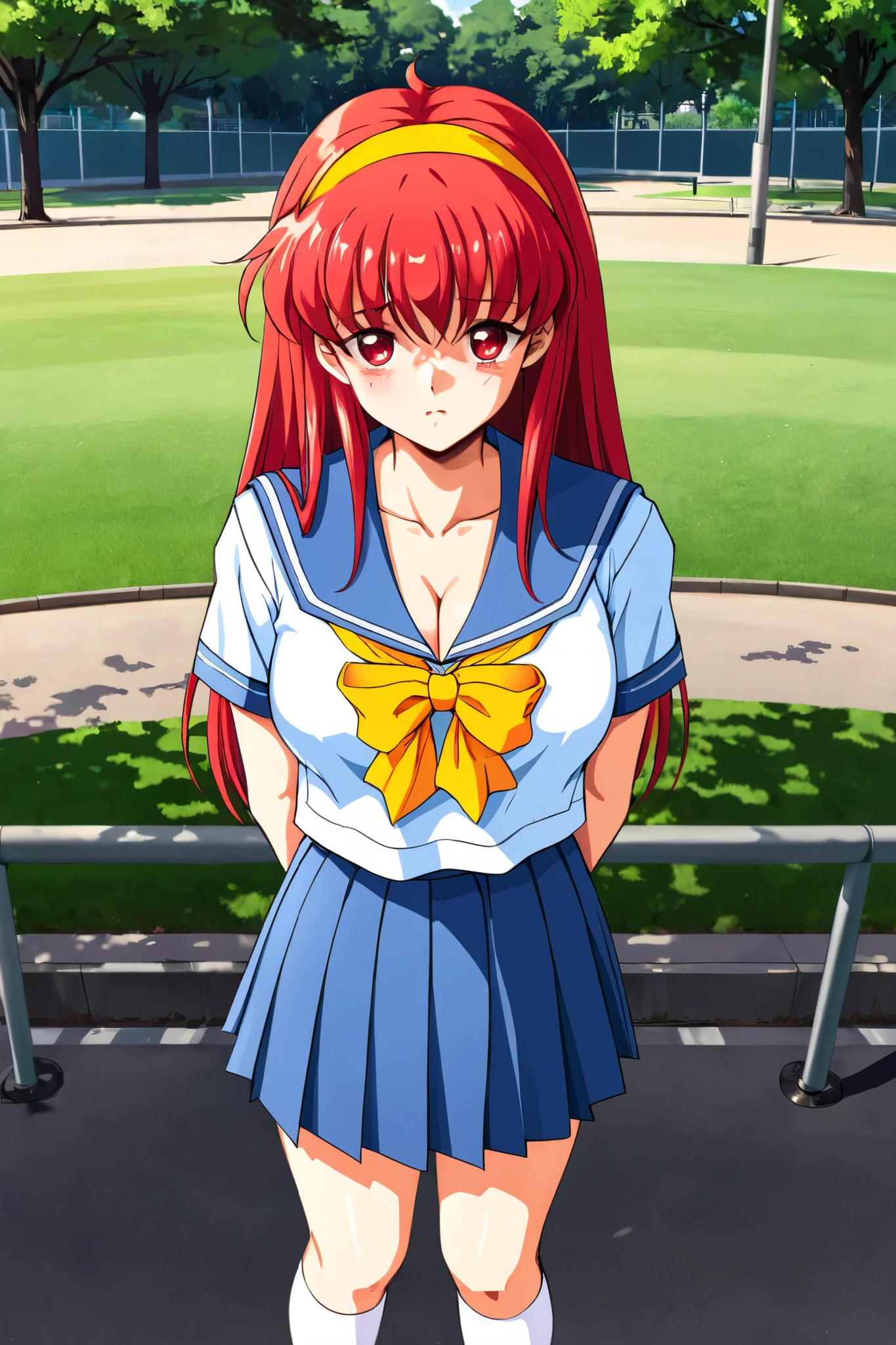 FujisaKishiori , long hair, Yellow hairband, red hair, red eyes, Busty, 1girl ,eyebrous visible through hair,lauge breasts,Short sleeve,looking at viewer, Alone, serafuku,school uniform, light blue pleated skirt,Standing in front of the park with a troubled face , Watch viewers,Outdoors, white socks,Light blue uniform, Yellow Ribbon , light blue sailor suit,Frontal Face Focus , cleavage,