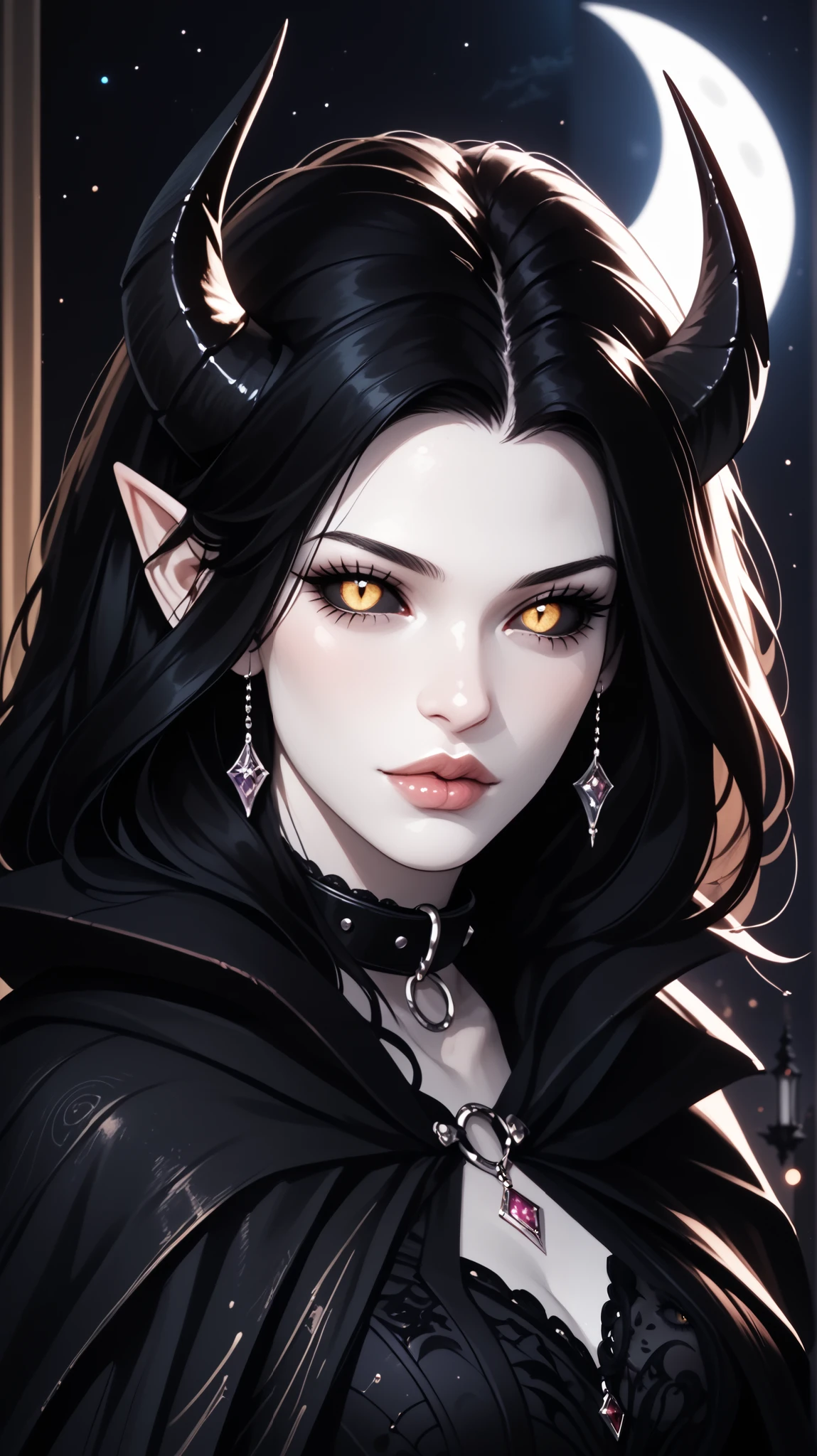 score_9, score_8_ upwards, score_7_ upwards, score_6_ upwards, score_5_ upwards, ((( beautiful , high quality))), looks towards , portrait, score_9, score_8_ upwards, score_7_ upwards, black sclera , slit p upwardsils, A tiefling, cunning, spider eyes , yellow eyes, white skin, Black hair, dark background , blurred background, Gothic, posing, at night, realistic natural light , big , mantle, beautiful detailed lips , long eyelashes , good anatomy, seductive look, big thick black horns, collar, demon tail, dark fantasy, moon, 8 k, photorealistic