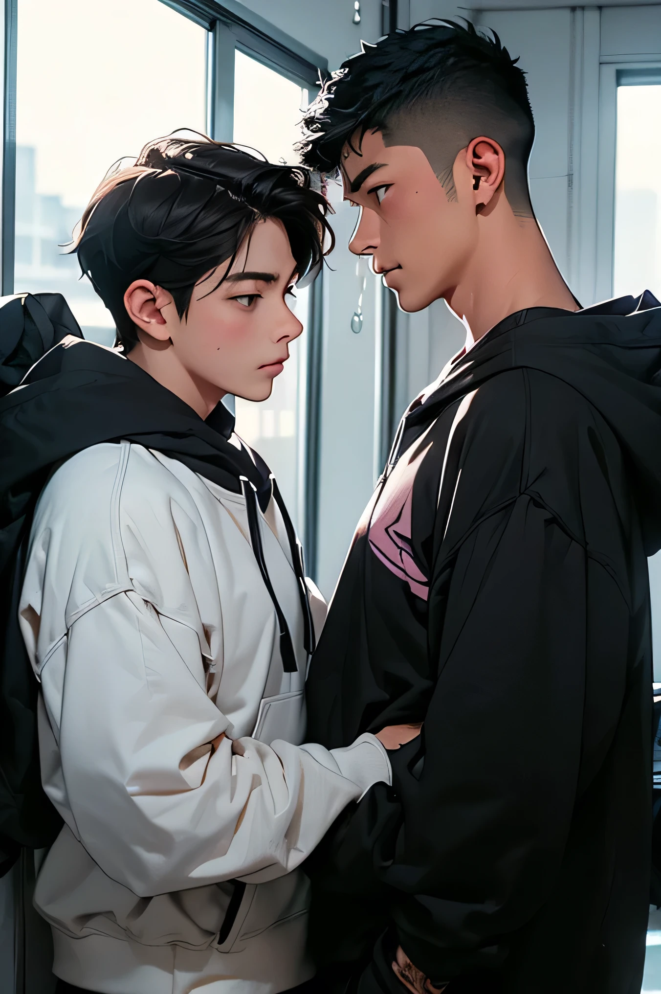 Two Japanese men handsome short dark hair short cropped Two slim people The two are wearing thick, plain hoodies with an oversized upper body The lower body is a light pink thong with a megamokkori inside the training room with full glass It's a cold snowy day outside Outside is a snowy future urban skyscraper group my whole body on the horse in the carriage male two handsome people compare Megamokkori to each other male two handsome face to face and laugh Two people facing each other About the same height