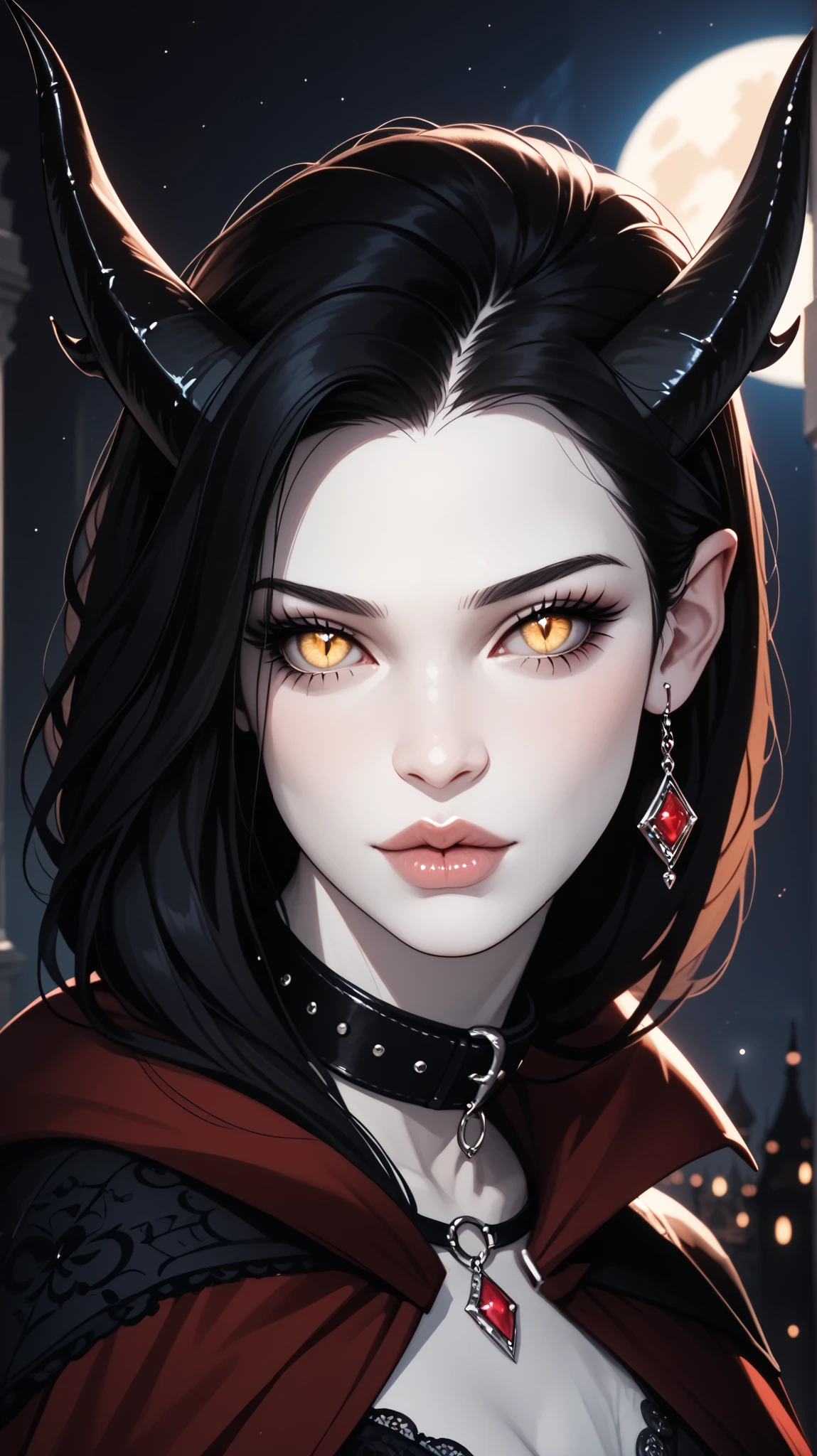 score_9, score_8_ upwards, score_7_ upwards, score_6_ upwards, score_5_ upwards, ((( beautiful , high quality))), looks towards , portrait, score_9, score_8_ upwards, score_7_ upwards, black sclera , slit p upwardsils, A tiefling, cunning, spider eyes , yellow eyes, white skin, Black hair, dark background , blurred background, Gothic, posing, at night, realistic natural light , big , mantle, beautiful detailed lips , long eyelashes , good anatomy, seductive look, big thick black horns, collar, demon tail, dark fantasy, moon, 8 k, photorealistic