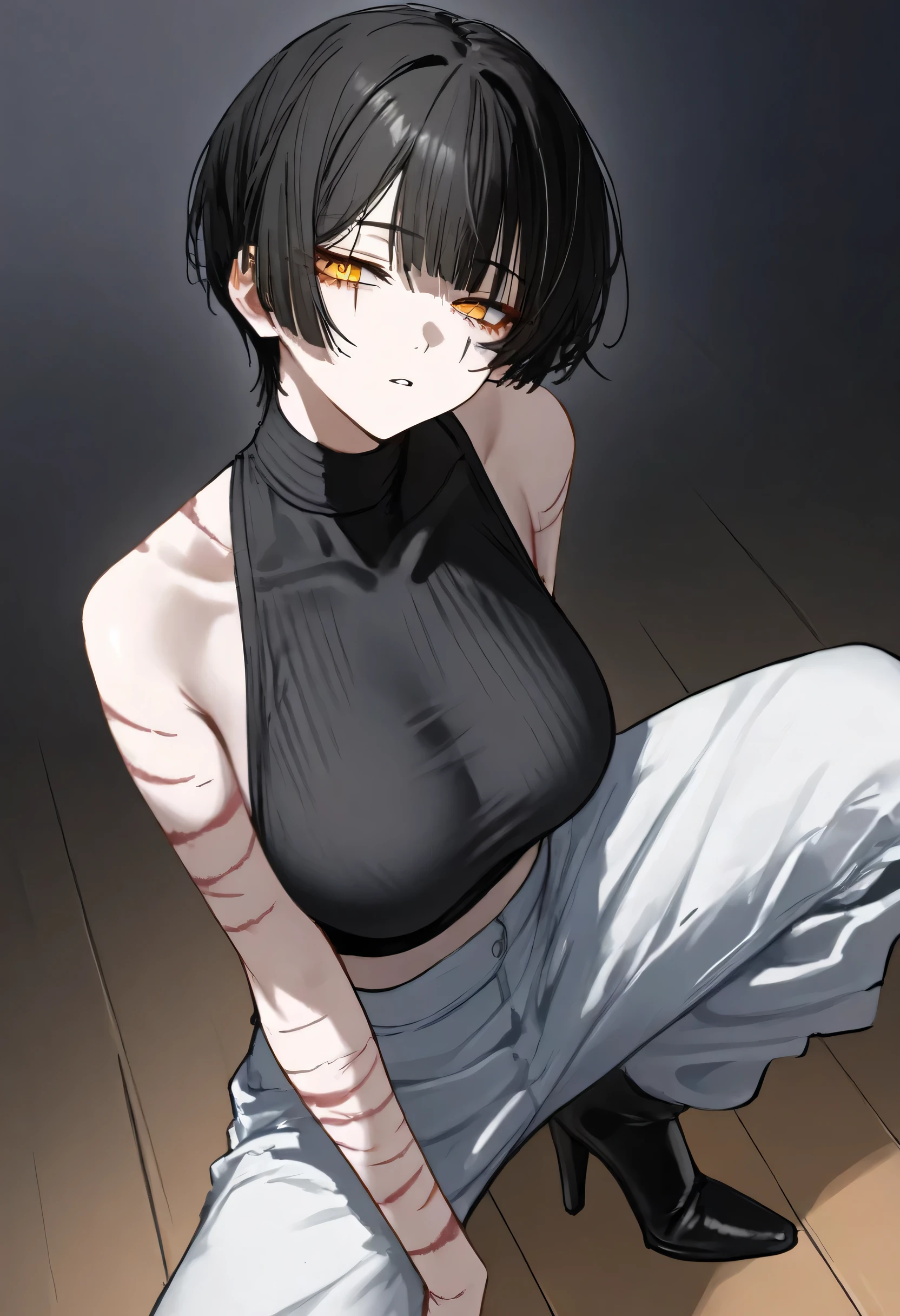 aruhshura, masterpiece, best quality, very awa, year 2024, newest, highres, absurdres, nai3, close up, masterpiece, Highest quality, One person, 1 woman, alone, black hair, very short hair, split bangs, gold and orange eyes, half-closed eyes, parted lips, expressionless, pale skin, large breasts, many scars, one scar on one eye, best quality, long open bangs, black sleeveless shirt, black V-neck, baggy pants, high heels