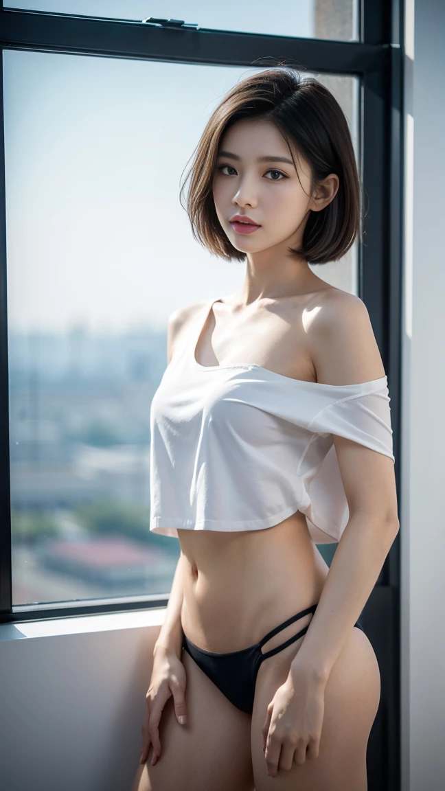 (8k, highest quality, masterpiece:1.2), (Realistic, photo-Realistic:1.37), Very detailed, 1 girl, cute, alone, Beautifully detailed skies, Detailed Cafe, night, Sitting, Date, (Red nose), (smile:1.15), (Mouth closed) Large Breasts, Beautiful fine details, (Collared shirt:1.1), night, Wet, business suit, rain, white lace, (short hair:1.2), Floating Hair NovaFrogStyle, shirt is exposed, The chest is emphasized, Her underwear is slightly visible, The cleavage is visible, Sensual facial expression