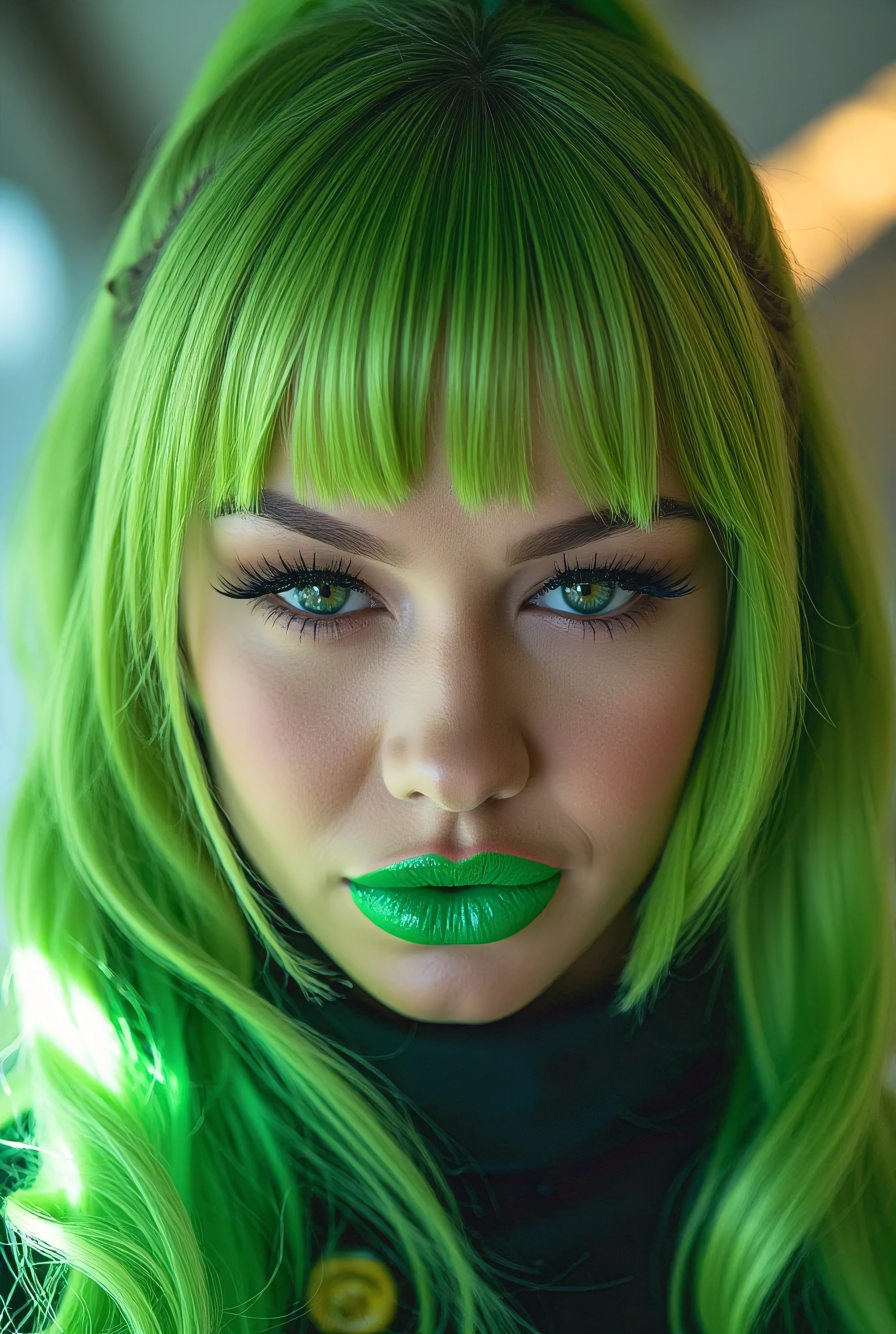 stewardess.
green hair tied in a bun.
very long eyelashes.
green lipstick
big blue eyes