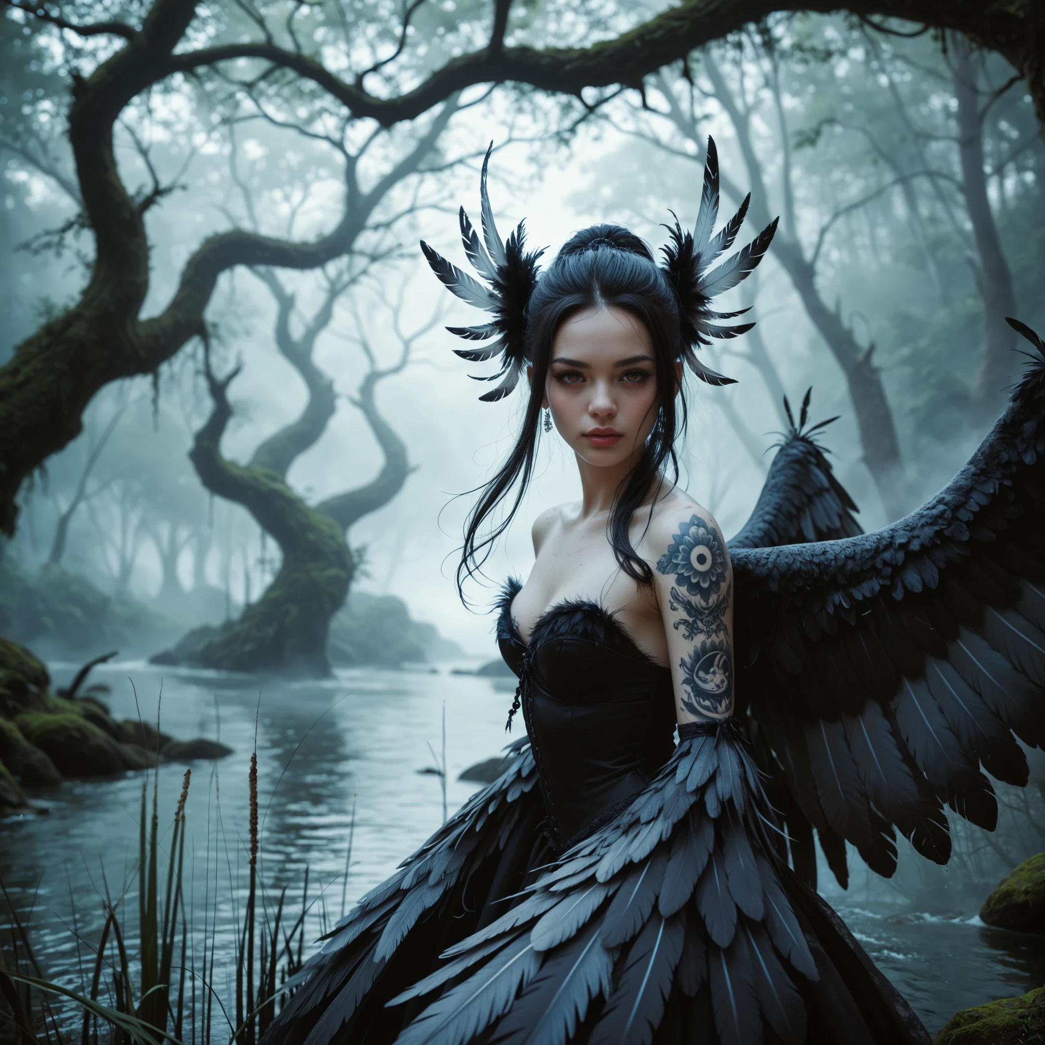 in the dark forest , in the mystical swamp , stands a dazzlingly beautiful young woman (25 years old) with perfect, detailed face. She has an elegant thin nose , fascinating amber glitter in the eyes and long dark hair , decorated with feathers. Behind her are ((Two) massive detailed owl-like wings), two wings, and her hands are covered with iridescent soft feathers . A mysterious thick fog flows through the water and between the trees , creating a sense of otherworldly presence . A light mystical glow makes its way through the haze, , emphasizing its mysterious appearance . Shoulder tattoo in the form of a ((abstract ) ornament ). Her naked chest is gracefully hidden (long feathers ), smoothly turning into the overall image , neckline made of long dark feathers, no jewelry , no jewels, The scene's atmosphere combines gothic dark fantasy and realism, filled with the magic of , with depth and the effect of unreality .