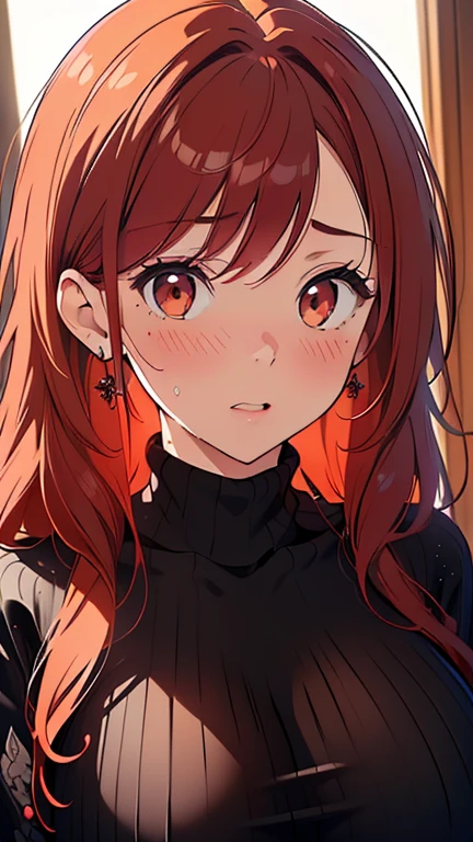 (8k:1.2)(ultra-detailed:1.4),(High quality:1.4),(best quality:1.4),(masterpiece:1.6),(beautiful huge breasts:1.1),(beautiful face:1.3),(beautiful woman:1.3),(bright red hair:1.4),medium hair,a mole around the mouth,(sexual ecstasy face:1.2),(sweat:1.2),(aroused:1.2),(embarrassed:1.2),(blush:1)(black sweater:1.4),(close-up:1.2),sweater lift,(black lace bra:1)