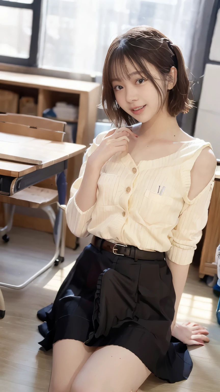 ulzzang-6500-v1.1, (RAW PHOTO:1.2), (photot-REALISTIC,:1.4), beautiful detailed girls, highly detailed eyes and faces, Beautiful Detailed Eyes, s ridiculous, unbelievably ridiculous, Huge File Size, Super Detailed, highres, very detail, sthe highest qualit, Master peace、, Kemomimi, ((Japanes girl' high school uniform)), An illustration, very detail, UHQ, unification, 8k wallpaper, splendid, Fine details, Master peace、, sthe highest qualit, very detailなUHQユニフォーム8k wallpaper, Light on the face、Movie lighting、16-year-old girl、((witheout panties))、((dynamic posing)))、(camel toes)、(Half)、(pantyhose、、、、)、(Sitting on legs bending the knees))、short haired、ple short hair、long neck、Put your ears out、bangs、bigger eyes、Lashes、a Pretty、Very cute