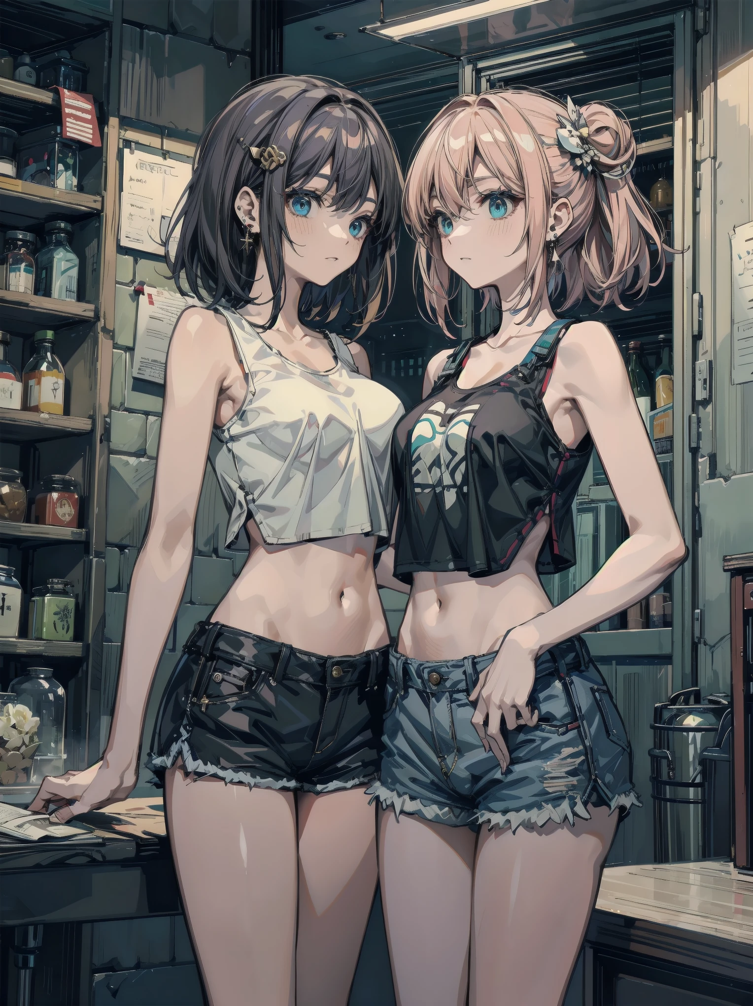 18 year old girl, long red hair with bangs, ((bangs)), big sad eyes, sweet smile, small breasts, thin hips, choker collar, wrist bracelets, blue bra, jean shorts, standing, hand on hip, open door, open window, record store, vinyl, turntable, DJ equipment, evening, nighttime, dramatic lighting, cinematic lighting, masterpiece, best quality