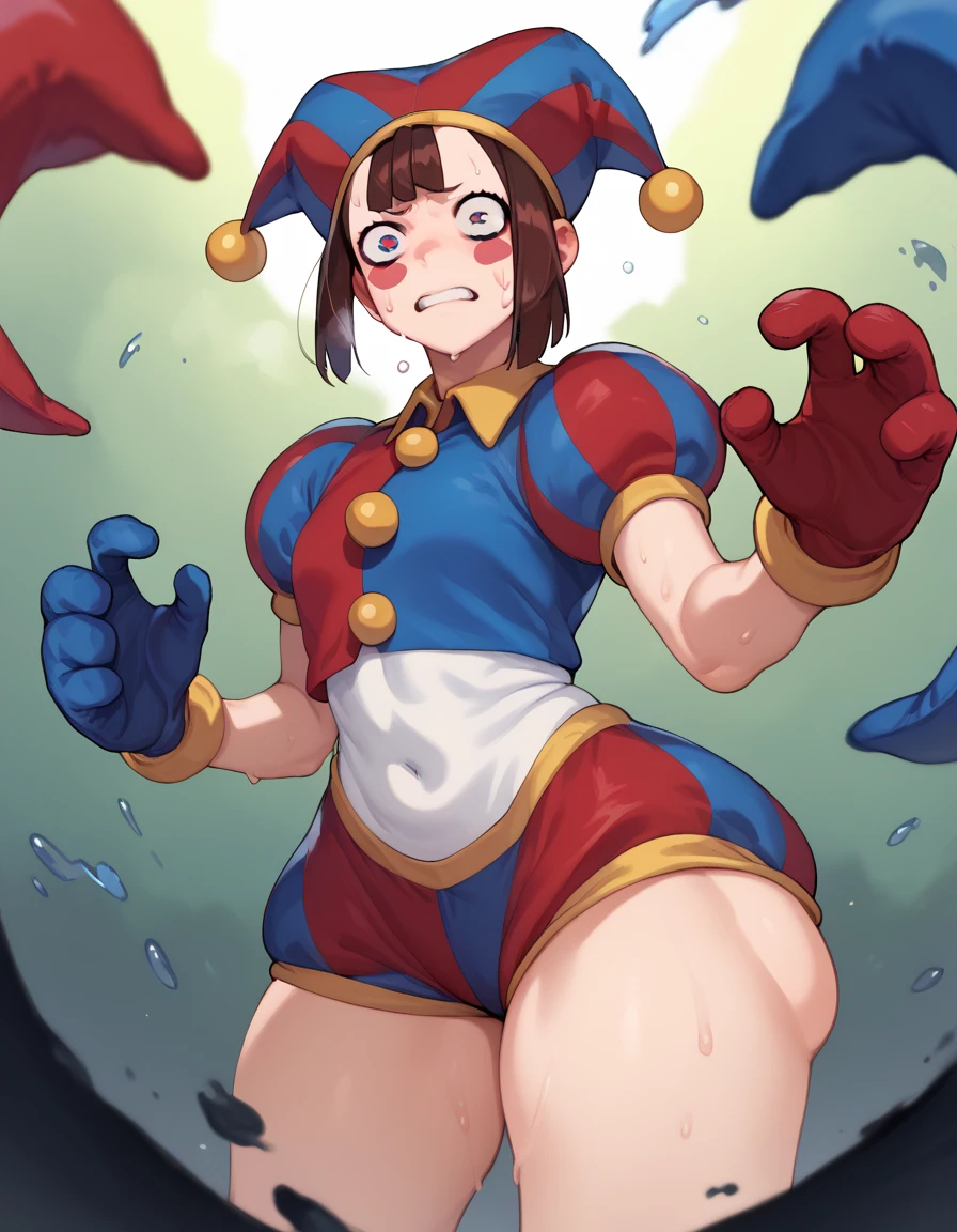 Masterpiece, best quality,alp artstyle,Solo, instant loss,Sonoda umi love live,(white and blue leotard), magical girl ,star glasses, earrings, thighhighs, breasts,outdoors,day, top-down_bottom-up,golden eyes,(blushing:1.2),mini skirt, side slit ,Gigantic Breasts, spanked ass, dirty, steaming body, drooling 