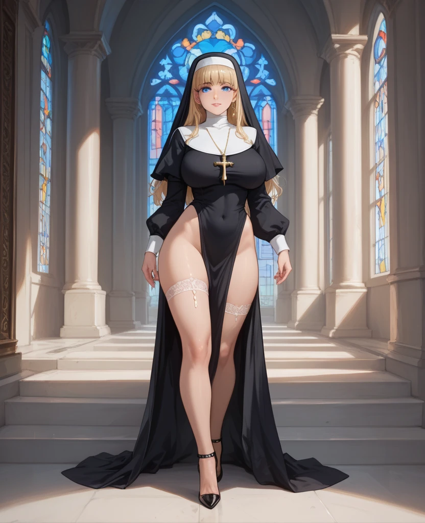 pregnant nun, long dress, high heels, high slit, 