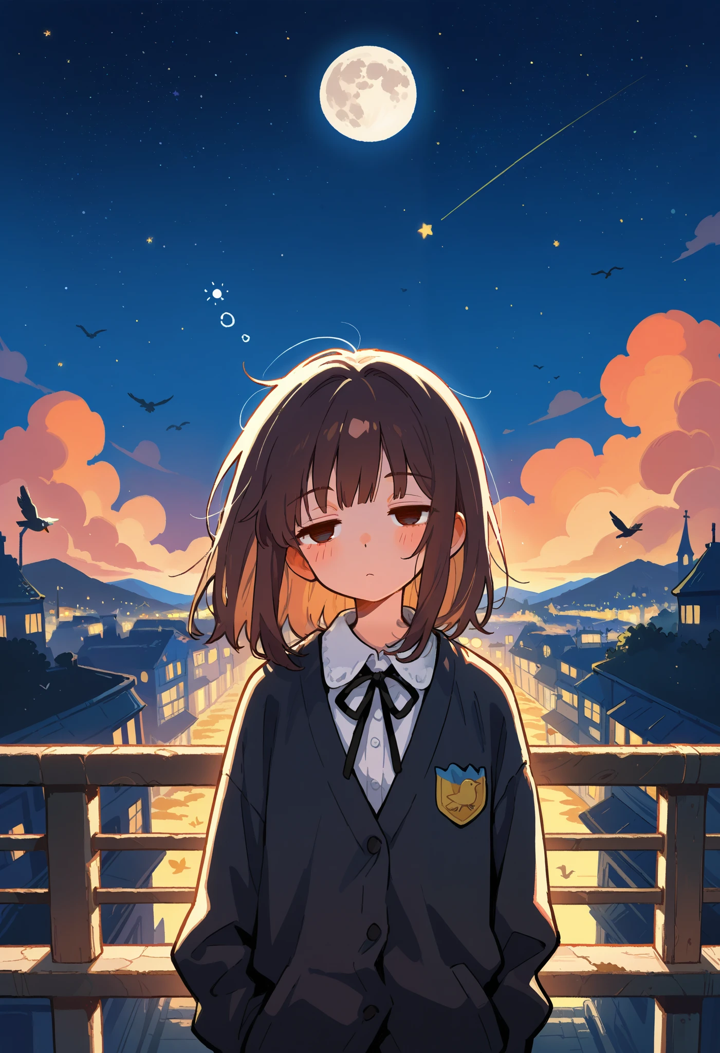 1 girl, in the night, stars, moon,sleepy, bird, evening, flying eyes, masterpiece, best quality,Bright and lovely