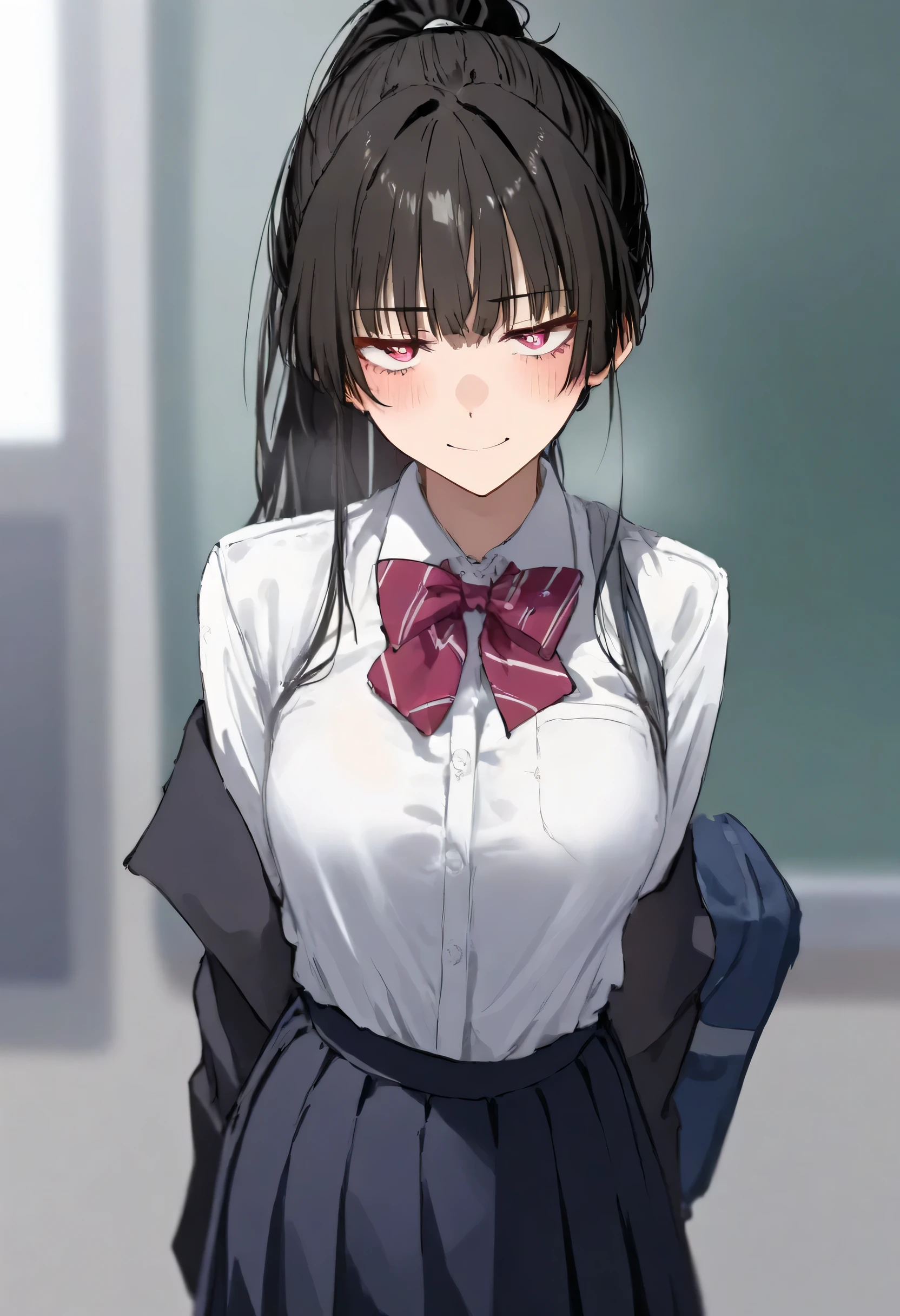 aruhshura, masterpiece, best quality, very awa, year 2024, newest, highres, absurdres, grinning, looking at viewer, long hair, ponytail, black hair, jitome, school uniform