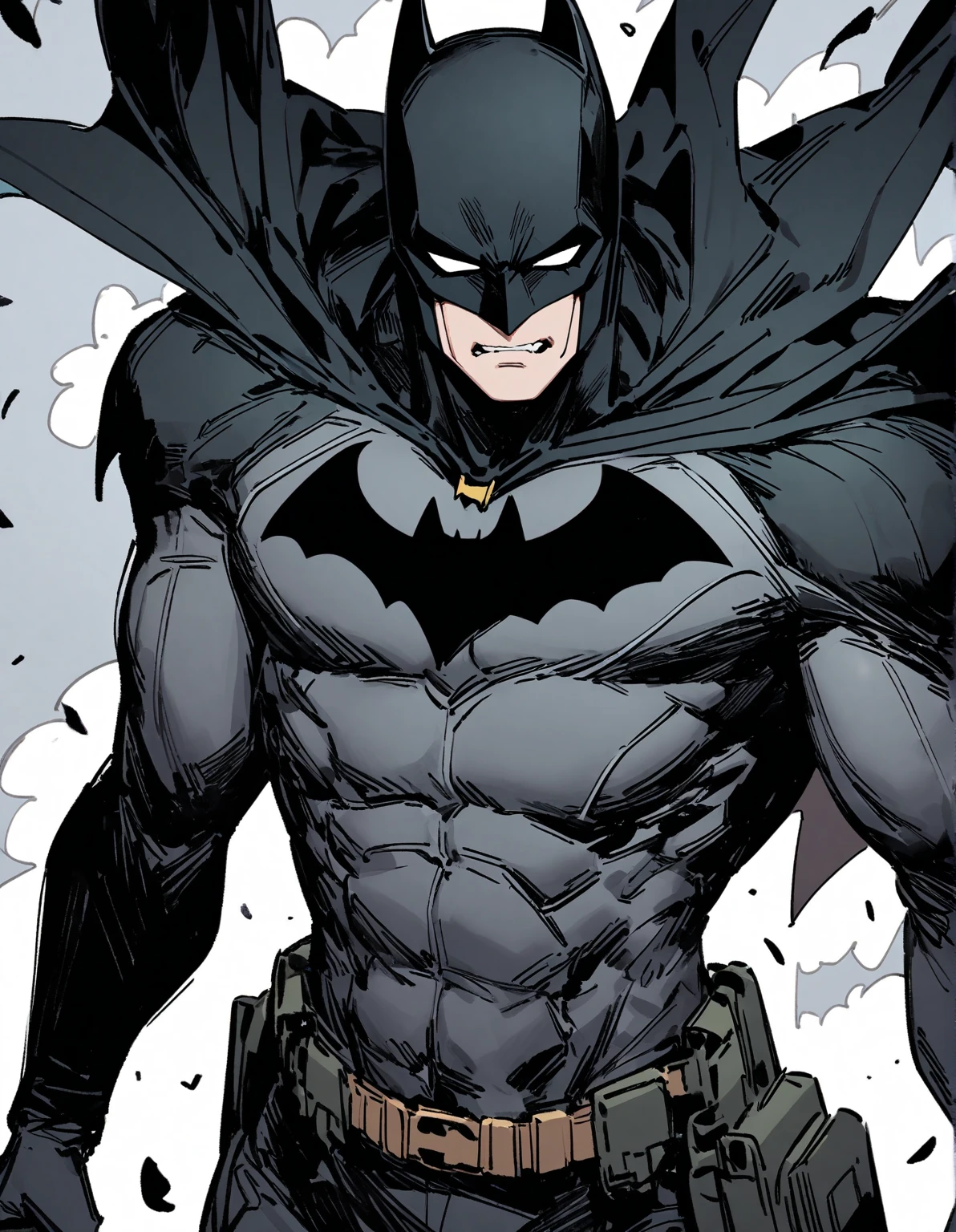 Batman, from front, super fine, lower body shot, middle-aged man, hunk, looking down and mouth wide open with shocked face, Batman's crotch get pinched by many people, Batman's crotch squeezed by many people,