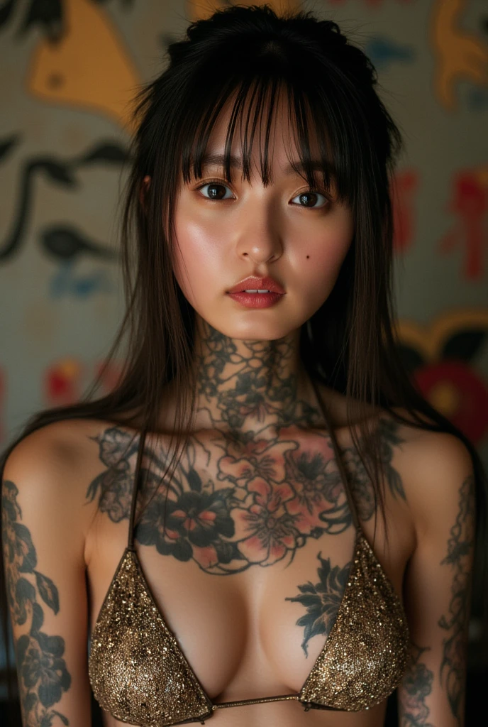 8k, high res, HQ, UHD, (photorealistic:1.4), masterpiece, hyper-realistic detailed photography of beautiful (young geisha:1.4), wear hanging down (silk kimono:1.3), ((elegant pose, exposed cleavage):1.3), ((pose on the dusty road, tokyo in the past time):1.3), slim fit body with ((irezumi tattoo, rose motif):1.32), facing forward, thin sagging breast, sexypose, detailed body feature, proportional perfect body, sexy posture, detailed perfect hand, clear bright skin, mesmerizing look, seductive smile, allure gaze, symmetricaly face, perfect face feature, detailed flawless make-up, perfect face with soft skinice face, Intricate detailed grey blue eyes, detailed perfect lips, a bit opened mouth, detailed japanese buns hair, traditional hair accesories, perfect composition, dynamic lighting, graceful atmosphere, blue red tones, low angle shot, seen from below, focus on face, exposed bare body, volumetric lighting, photon mapping