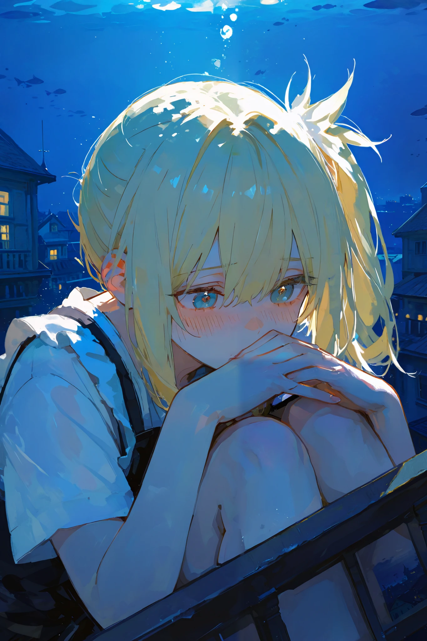 1girl, watercolor, flustered, hands clasped together, spiky hair, blonde hair, side ponytail, night background, underwater city, soft lighting, quiet village, depth of field,SakimiStyle,748cmstyle,detailed textures, digital painting, ultra-detailed, 8K, masterpiece, UHD, retina, masterpiece, accurate, anatomically correct, very aesthetic, high resolution, super detail, high details, high quality, best quality, highres, 1080P, HD, 16k