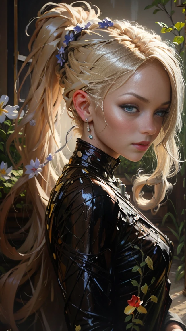 angelina jolie, cheerful face, original wavy blonde hair with braid with bow and ribbon, long eyelashes, beautiful green eyes with brightness, surrealism, shadow, stereogram, (photorealistic, realistic: 1.2), POV, atmospheric perspective, cinematic lighting, ray tracing, 8k, super detail, best quality, masterpiece, well detailed, (Canan EOS R6, 135mm, 1/1250s, f/2.8, ISO 400:0.9), neckline, back, round ass, tattoos, sunset background between hills with tall trees in the distance and some houses