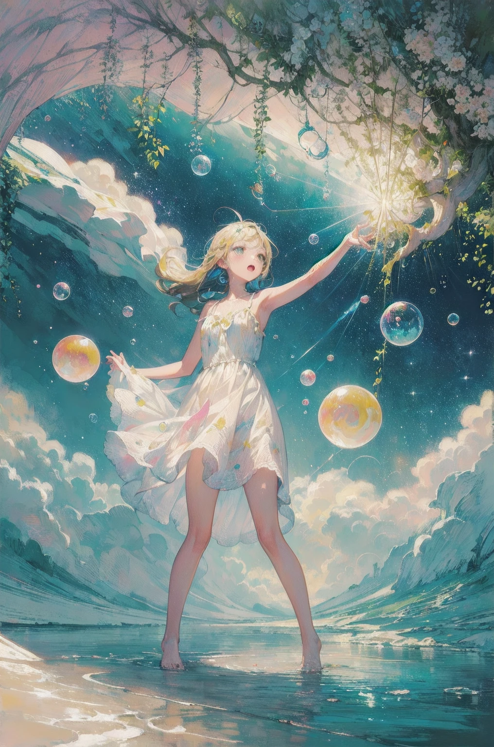 ( masterpiece,  top quality: 1.2), ( highly detailed ), ( Illustration of ),  wallpaper,  original ,  1 girl, Messy ((( colored and dynamic ))) hair,  Spaghetti Straps ,  white dress , Bare legs,  foot, Light Arm, space, Earth background, Low Earth Orbit ,  full body, , (Surrounded by colorful splashes and dots), Colored bubbles, ( twinkle in both armpits)