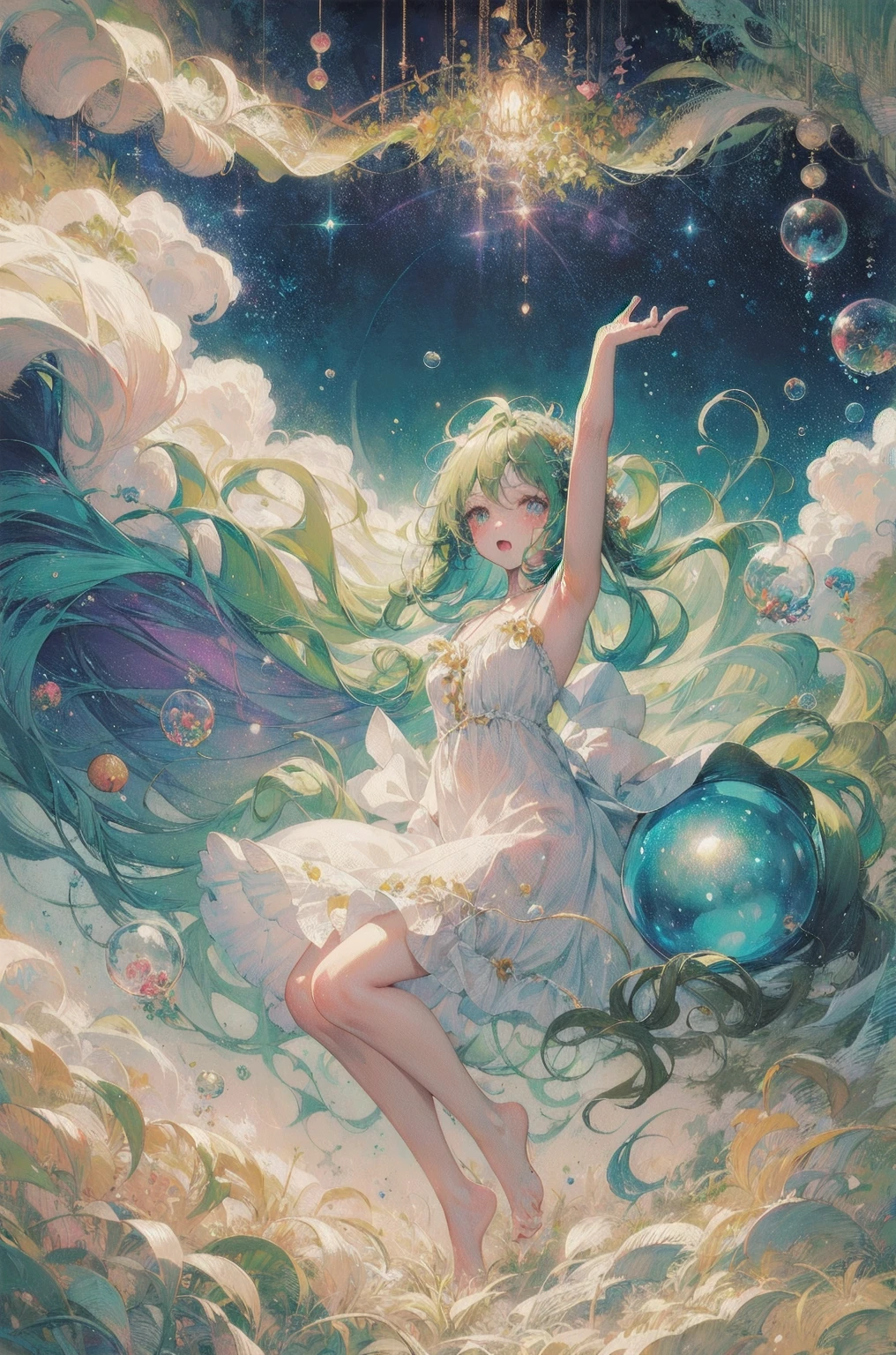 ( masterpiece,  top quality: 1.2), ( highly detailed ), ( Illustration of ),  wallpaper,  original ,  1 girl, Messy ((( colored and dynamic ))) hair,  Spaghetti Straps ,  white dress , Bare legs,  foot, Light Arm, space, Earth background, Low Earth Orbit ,  full body, , (Surrounded by colorful splashes and dots), Colored bubbles, ( twinkle in both armpits)