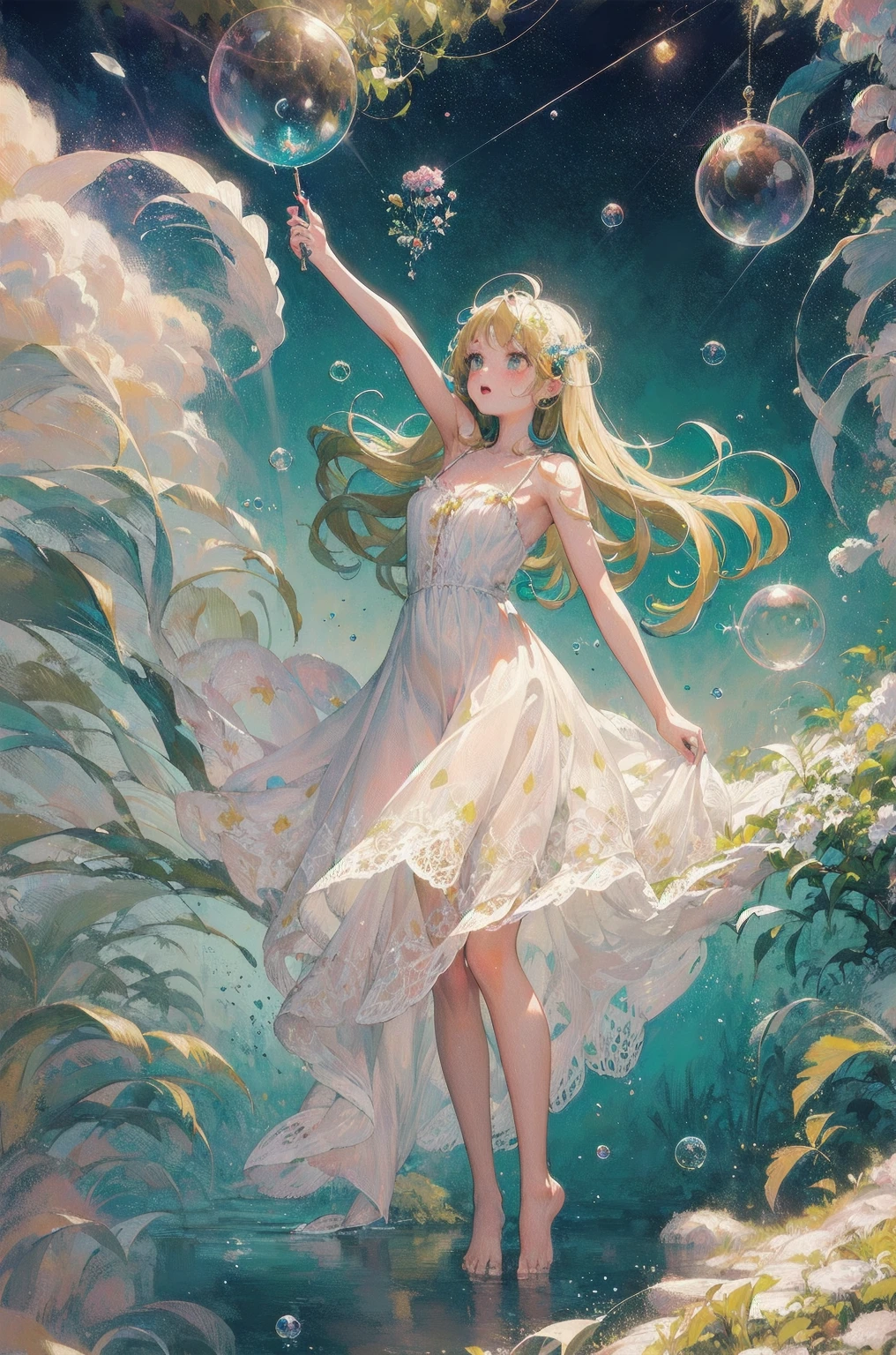 ( masterpiece,  top quality: 1.2), ( highly detailed ), ( Illustration of ),  wallpaper,  original ,  1 girl, Messy ((( colored and dynamic ))) hair,  Spaghetti Straps ,  white dress , Bare legs,  foot, Light Arm, space, Earth background, Low Earth Orbit ,  full body, , (Surrounded by colorful splashes and dots), Colored bubbles, ( twinkle in both armpits)