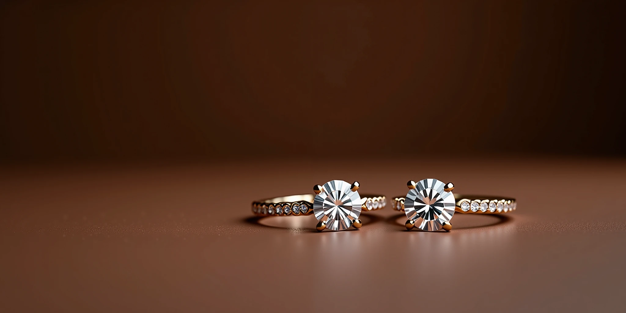 Studio photo shoot of a pair of solitaire diamond rings on a mocha dark background
Aspect ratio 1:1