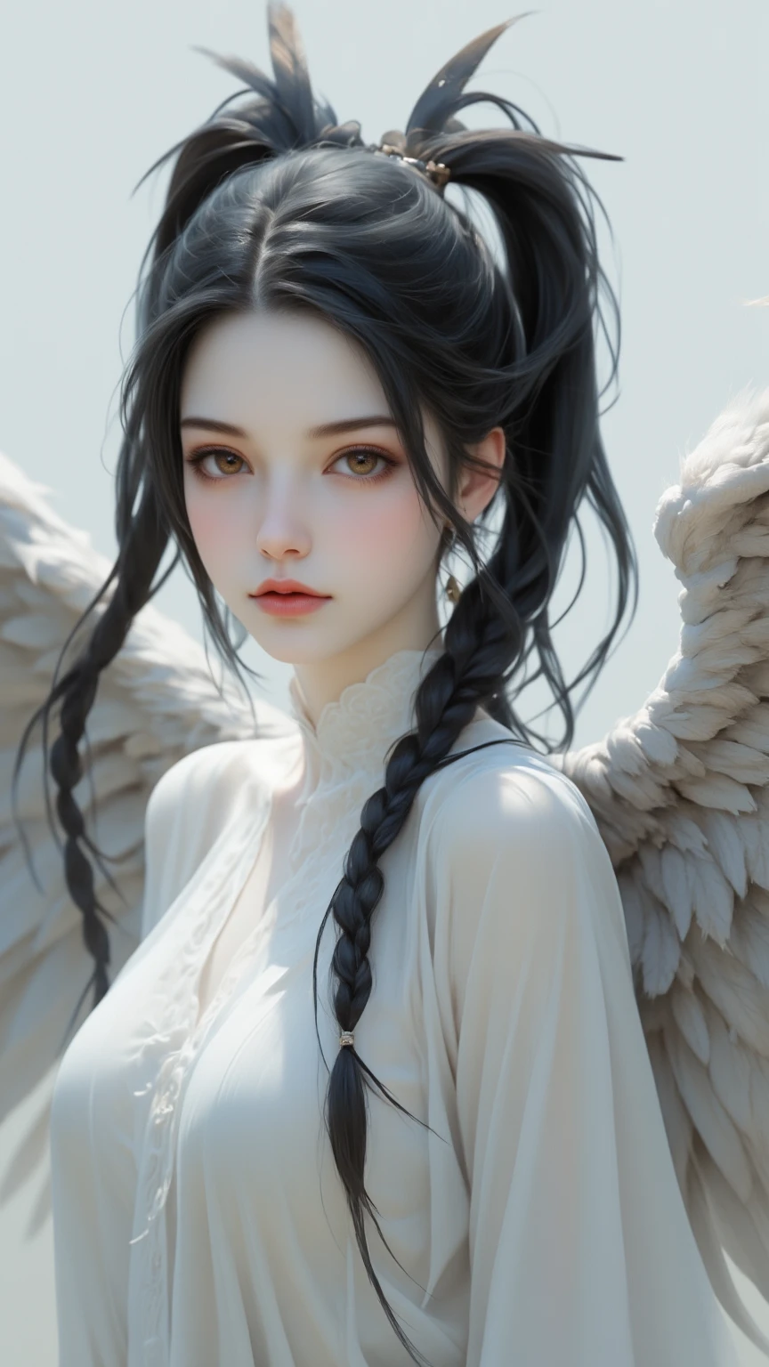 (white color concept:1.0),a girl like doll with angel wings, archdevil, nearly naked, thin body, skinny, small breasts, flat chest, (dynamic pose:1.2), thin body, tiny tits, from the navel up, from below, devil crown, dragon horn, looking down at camera, (no hands),(Highest quality authentic textured skin),(Fine, Round, Symmetrical eyes),Delicate facial features,(Burning bright and cold eyes), very slim and thin body, naked, nude, (She has a mischievous sadness on her face),metal earrings on the ears,A messy painting,(Hair flows in air:1.5),,(Surrounded by black feathers),Epic realism,Cinematic feeling,(high-density imaging review:1.5),Ultra detailed,Dramaticlight,(intricately details:1.1), complex background, fractal background,(fangs:1.2),smile