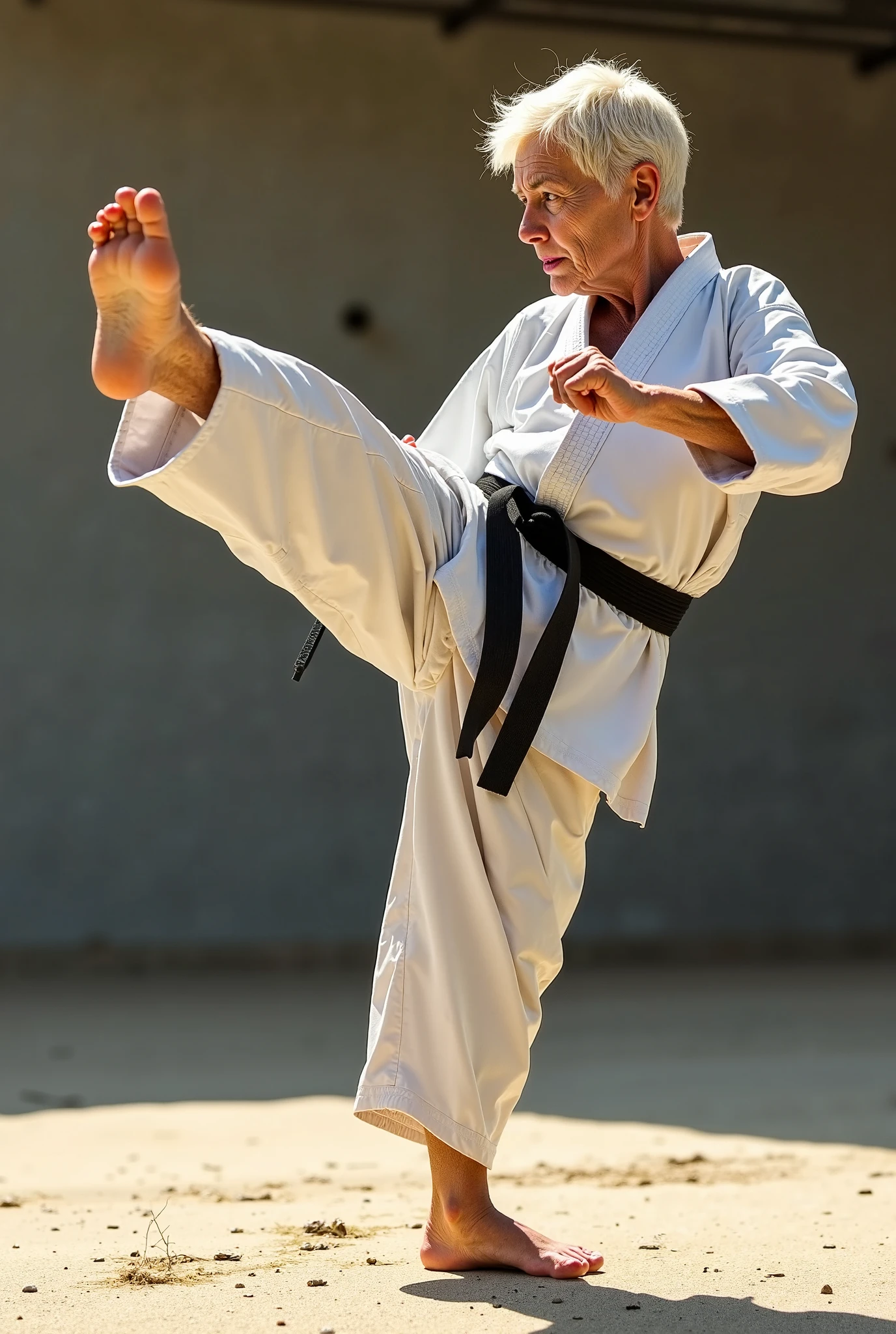 In the picture, an Asian bald man is making gang gestures in an empty white room. He is wearing a black long-sleeved shirt and white overalls, and his expression looks very intoxicated easy-going.realistic,cinematic,