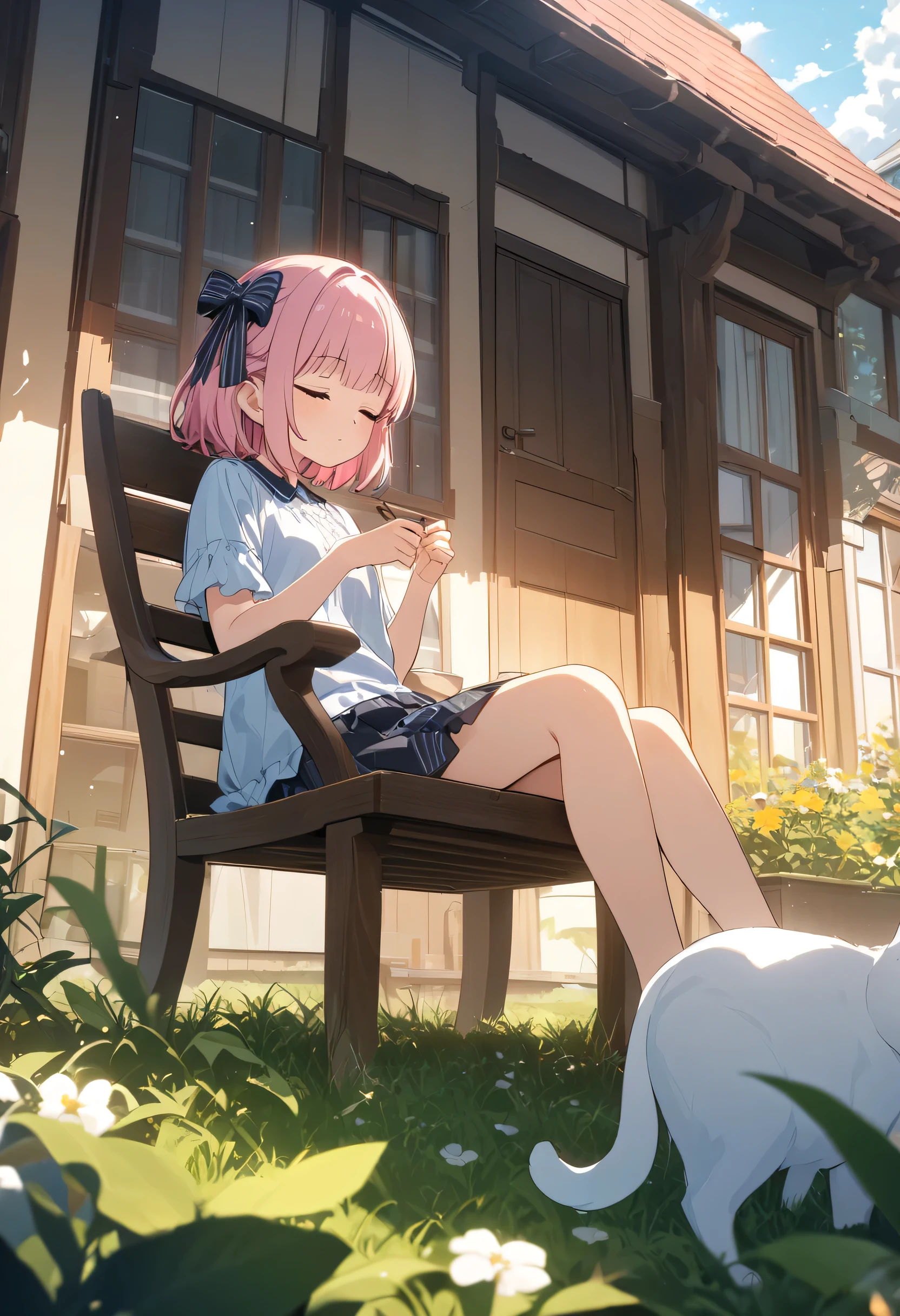 I'm taking a nap with my cat、 sitting on a chair in the front yard of a cozy suburban house, and green plant in the yard, creates a quiet and peaceful suburban atmosphere . plant, And lawn grass , ultra HD image back view 、From the rear、 Dutch angle looking up at the sky 、 low angle、((fullbody)), Source Anime, (Masterpiece), (Best Quality)), (Very Detailed), ((Cute)), (Amazing), (Detailed)), 4K, (8k), Highest Quality , (beautiful), perfect anatomy, ((perfect hands)), (perfect fingers)
ultra-definition depiction,
break
(( 1girl )), 's years olshort hair, quick bangs、round face、closed eyes, pink hair, hair bow, jirai, mini skirt,
BREAK
Shining light 、The sun in a clear sky、 light is pouring down