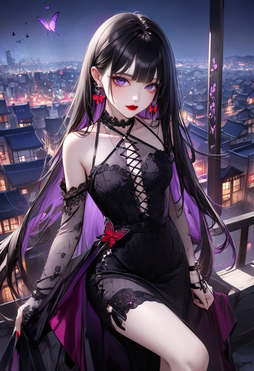 (masterpiece, best quality, highres), night, full moon, 1 adult female, solo, Chinese architecture, lake view, moon in the sky, nighttime, trees, ((tight night gown, black night gown)), royal sister, cold face, poker face, Woman with long silver hair, pale pink lips, Fishnet tights, Calm, Knowledgeable person, three bangs, lace gloves, grey eyes, facial details, beautiful eyes, eyes full of details),