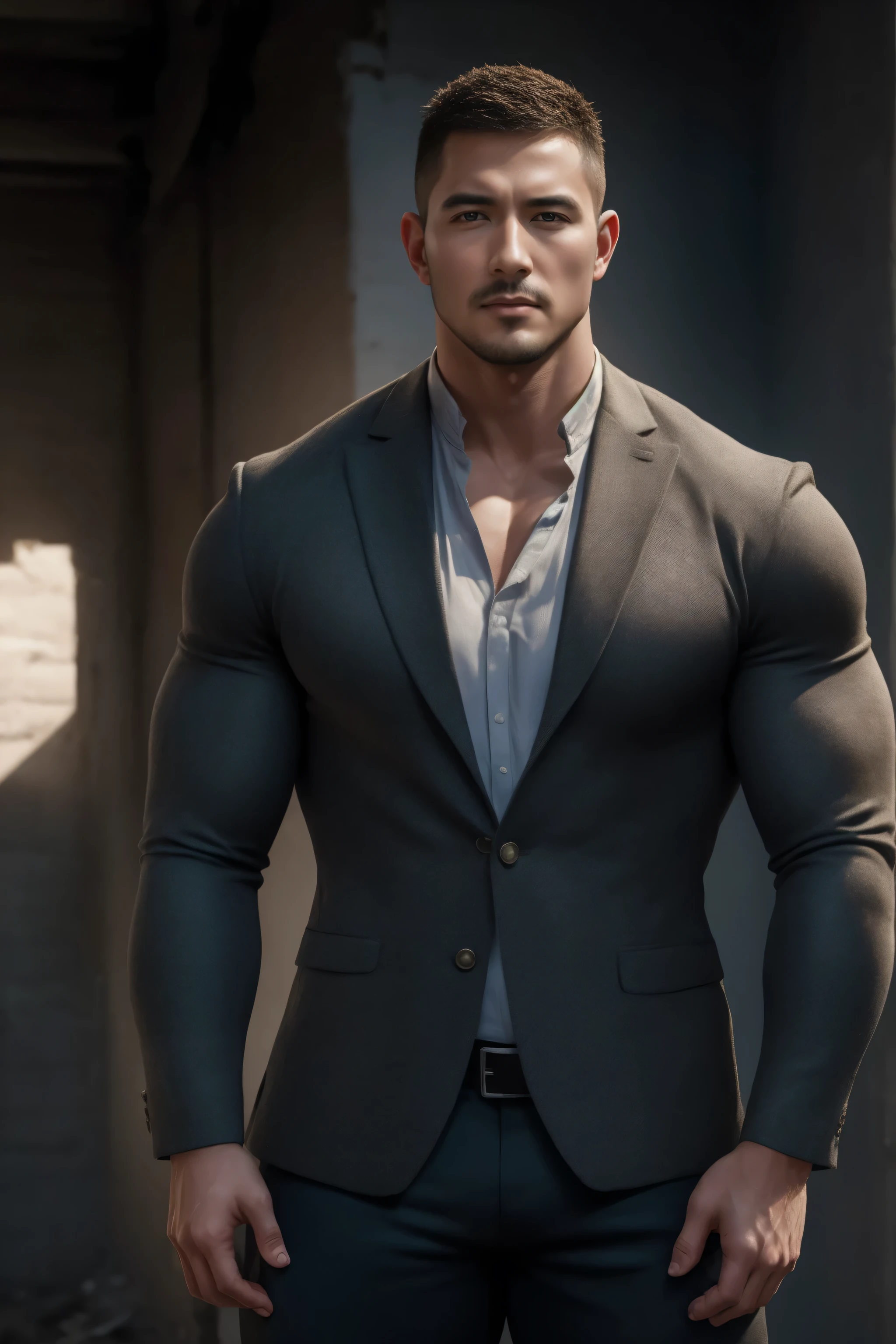 两个 Muscular男人深情拥抱着, buzz cut,Flat head,Ruins in an abandoned city in the open air, 他背靠着脏污的墙壁,He wears an upscale and luxurious evening dress blazer, and wears a high-neck, long-sleeved, tight t-shirt with a gray modal fabric texture, He has a sad expression, Lift your chin, messy hair , thick thighs , Very tight, Regular symmetrical pattern, High Aimslight muscles, High-end western pants , character concept (buzz cut Chris Redfield) proud expression, Deep charming eyes, Heroic male pose, tall Burly, Muscular! Muscular thighs, Tough Guy, Perfect facial features, High Aims, Burly, Heqiang, Super exquisite and cool, High Aims Resolution Committee, Extraordinary Charm , The sun is strong, is dazzling