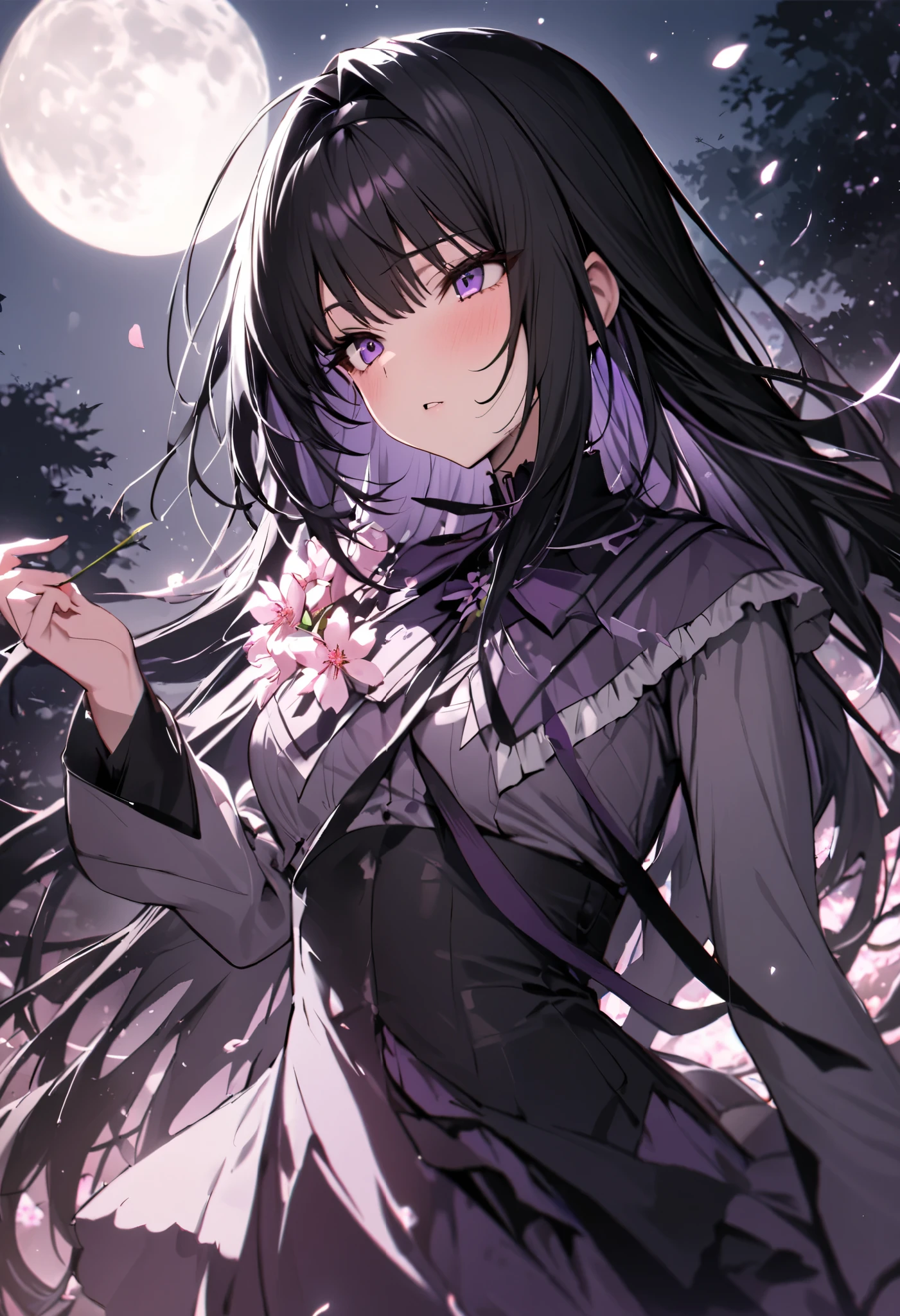 is ridiculous, high res, super precise, high res, Masterpiece, top quality, Extremely Exquisite Face and Eyes , Homura Akemi, black long hair , Expressive Purple Eyes , 魔法少女まどか☆マギカ, Alone, woman, beautiful, cherry blossom , pink flowers, pink flowersびら, moon, Pink Firefly