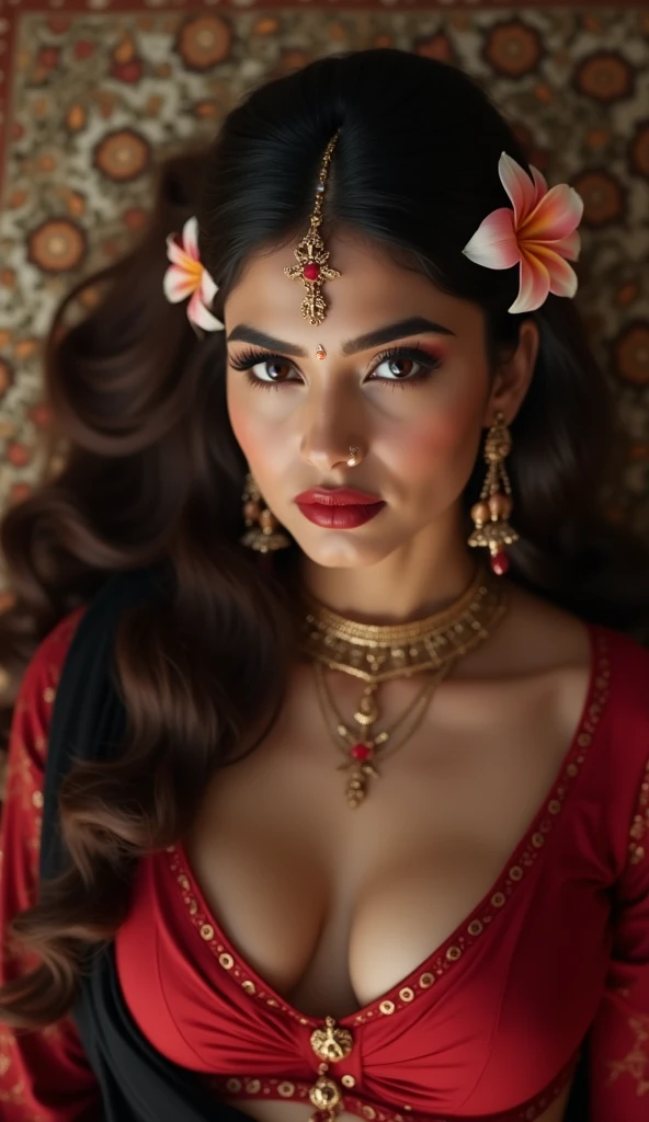 pretty girl: Indian, cute, stunningly beautiful, gorgeous; Age: 28 years old; hair: bronze orange color, smooth, shimmering in the sunlight, very detailed; skin: ivory white, rosy and flawless; eyes: pure black, ((realistic)), almond shaped, sexy, big breasts, youthful, clear, super detailed, elegant, seductive, vivid makeup, sharp, ((captivating the viewer) ); eyelids: delicate, perfect beauty; Eyebrows: arched, sparse, sharp; face: beautiful, pure, beautiful like a fairy, delicate makeup, lovely, perfectly balanced, beautiful in every detail, delicate features, ((with tattoos)); nose: pretty, lovely, high; Cheekbones: prominent; lips: seductive, light red lipstick, lovely lip gloss; teeth: moon crystal; breasts: full, deep cleavage, firm, bra-fit, protruding nipples; bra: bright red, gold embroidery, metallic; body: plump, attractive, full of youth; accessories: ruby necklace, ruby earrings; shirt: silk fabric, red, white silk belt, ((navel exposed)); clothing: tight, (((see-through))), flattering on the chest; underwear: bright red, ((embroidered with metallic thread)). Fashion style: high-end women, modern 2024, luxury; Photo quality: non-NSFW, 8K CG HD, sharp, super beautiful graphics, professional, detailed, vivid colors, super smooth, advanced techniques, super realistic RAW; lighting: luxurious, front projection, complex, black and gold tones; sunlight: sparkling, illuminating the girl's body; Setting: wonderland, colorful flower garden. (((Close-up photo of the girl's face, surreal, super detailed, highlighting the edges under the bright sunlight))).