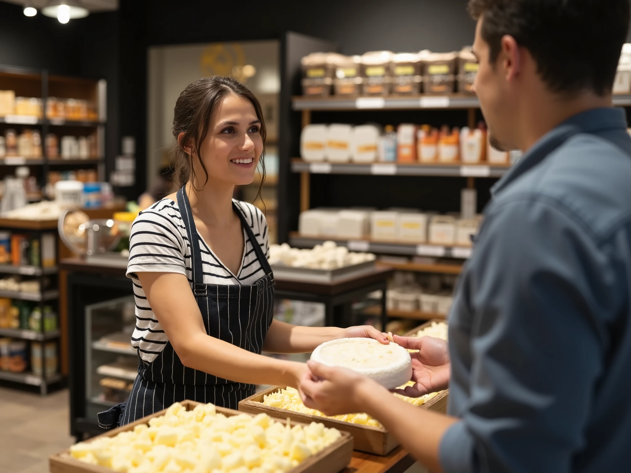 young white brazilian woman, black hair, from Minas Gerais, wearing an apron, serving a man, offering a round Parmesan cheese in front of the counter of a modern store selling Minas Gerais products, the woman is looking at the man, several regional products on the shelf in the background, well-lit and airy store, promotional photo, impressive image, advertising photo, photo with a bottom-up angle