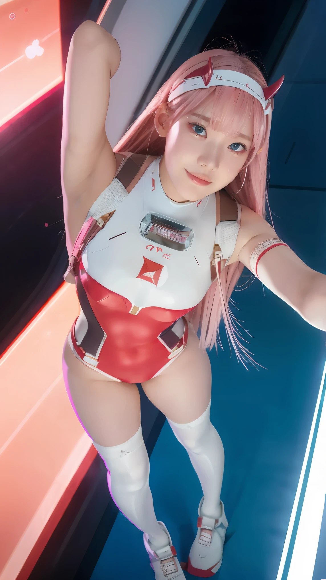 (Overhead view),dynamic angle,ultra-detailed, illustration, straight on, 1girl, ((Zero two, interface headband with a pair of horns, red bodysuit:1.4, pink hair)), Her eyes shone like dreamy stars,(glowing eyes:1.233),(beautiful and detailed eyes:1.1),(expressionless, closed mouth),(standing), (mechanic room with tools and spaceship window in a white SPACESHIP), (night:1.2), dreamy, [[delicate fingers and hands:0.55]::0.85],(detail fingers), smile, POV from below