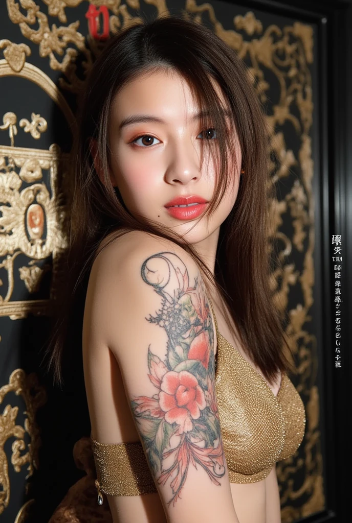 (highest quality,High resolution:1.2), (Realistic:1.4),Low Angle Portrait, close, View from behind, Yakuza girl bathing in hot spring,View the viewer,Detailed face,Beautiful and exquisite grey-blue eyes,Beautiful lip detail,Captivating smile,Eyebrows are neatly trimmed,Long eyelashes, Perfect beautiful face、Soft Skin、Perfect Face, Beautiful Skin ,Natural blush,Slim posture, Exposed shoulders,Intricate, detailed and vibrant tattoo on the back of the body,Elegant and exquisite jewelry,Delicate necklace and earrings,traditional hair accessories, red hair with bangs,Shining Jewels,Soft and flawless makeup,Soft and natural lighting,Subtle shadows on face,Vibrant colors that shine,Realistic rendering, Photon Mapping, Fog and dramatic atmosphere