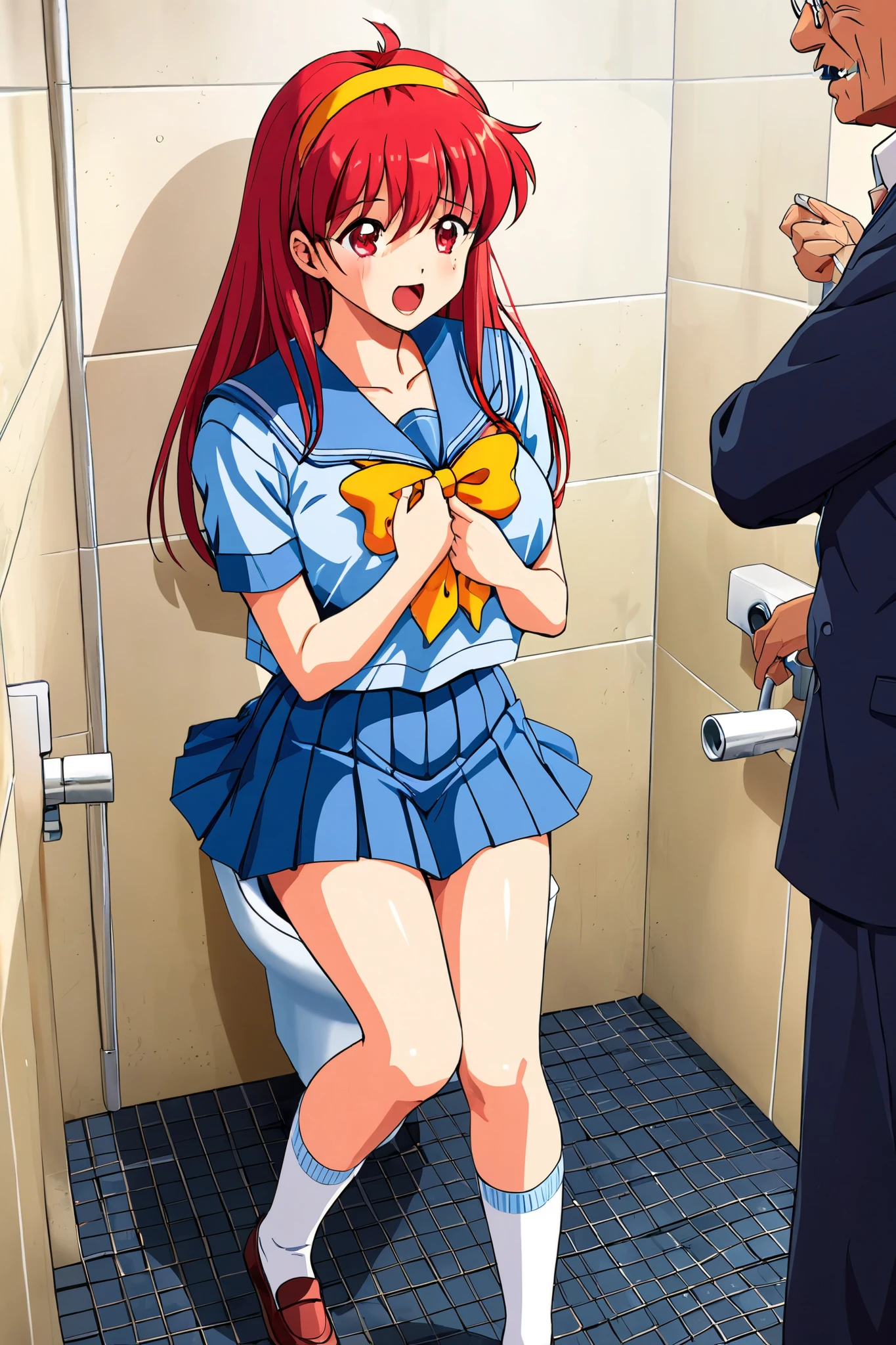 FujisaKishiori , long hair, Yellow hairband, red hair, red eyes, Busty, 1girl ,eyebrous visible through hair,lauge breasts,Short sleeve, cameraman's old manを見る, serafuku,school uniform, light blue pleated skirt,In the public toilet in the park,In front of the urinal in the men's toilet, white socks,Light blue uniform, Yellow Ribbon , light blue sailor suit, cleavage,Be taken to a public toilet, cameraman's old man, panties,白色の panties, frightened face, indoor