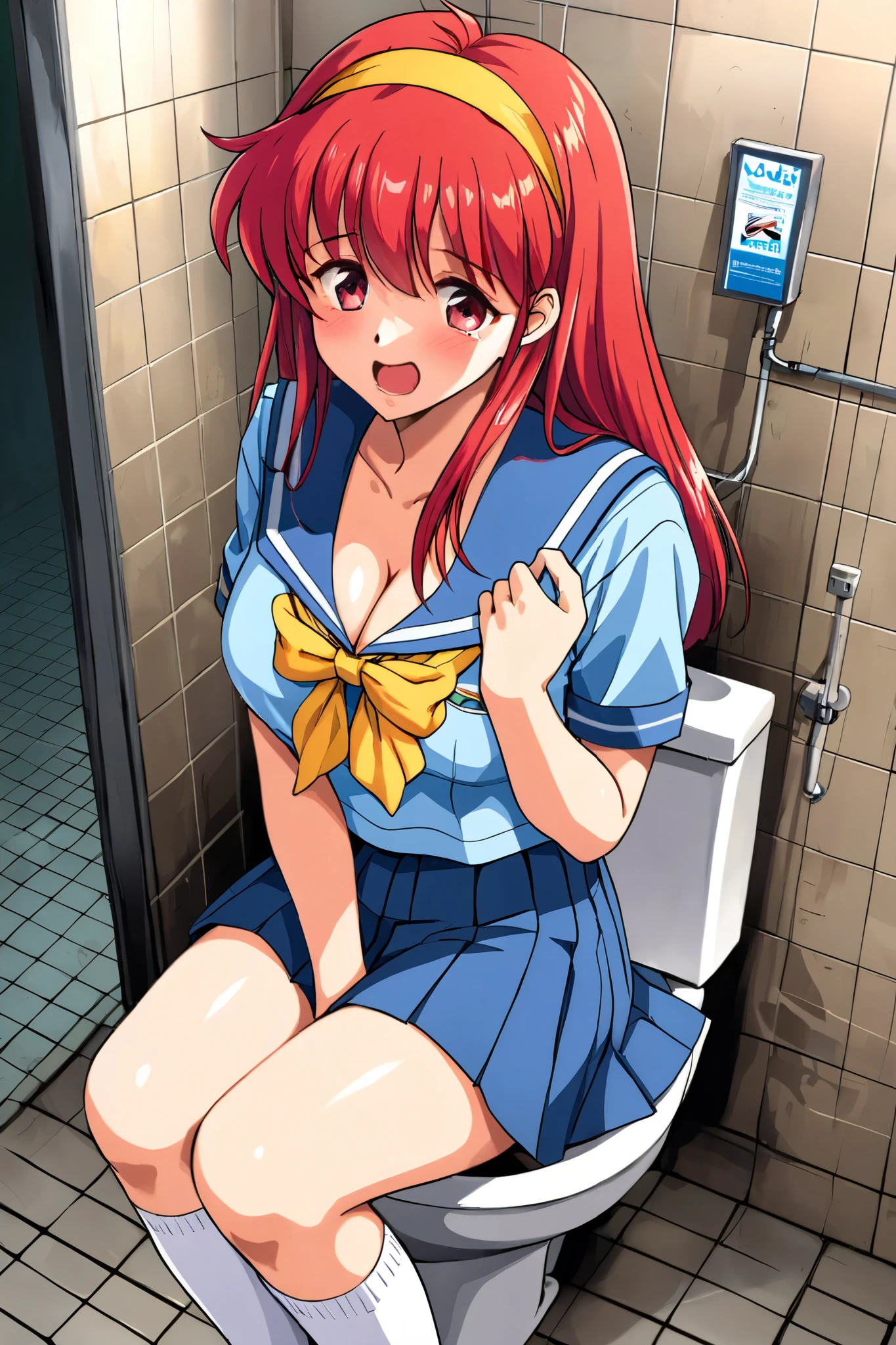 FujisaKishiori , long hair, Yellow hairband, red hair, red eyes, Busty, 1girl ,eyebrous visible through hair,lauge breasts,Short sleeve,The cameraman's uncleを見る, serafuku,school uniform, light blue pleated skirt,In the public toilet in the park,In front of the urinal in the men's toilet, white socks,Light blue uniform, Yellow Ribbon , light blue sailor suit, cleavage,Be taken to a public toilet,The cameraman's uncle, panties,白色の panties, frightened face, indoor