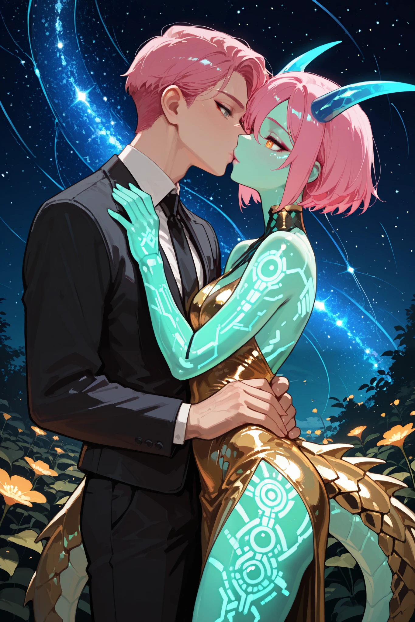 masterwork, best quality, dynamic lighting, detailed composition
1woman, green skin, dragon-scale skin, short hair, pink hair styled neatly, soft makeup, blue horns, grey eyes, pink glossy lips, wearing an elegant silk dress, glowing tattoos on arms, dragon tail flowing behind her, tender expression, romantic pose
BREAK
1man, golden metallic android, glowing circuit lines, amber eyes, strong yet gentle features, wearing a sleek suit, holding her hand, kissing her passionately, looking at her lovingly, futuristic yet romantic aura
BOTH_CHARACTERS standing close together in a garden of glowing flowers, under a starry night sky, soft moonlight illuminating the scene, magical and intimate atmosphere, focus on the couple’s connection, equal emphasis on both characters, clear depiction of their kiss