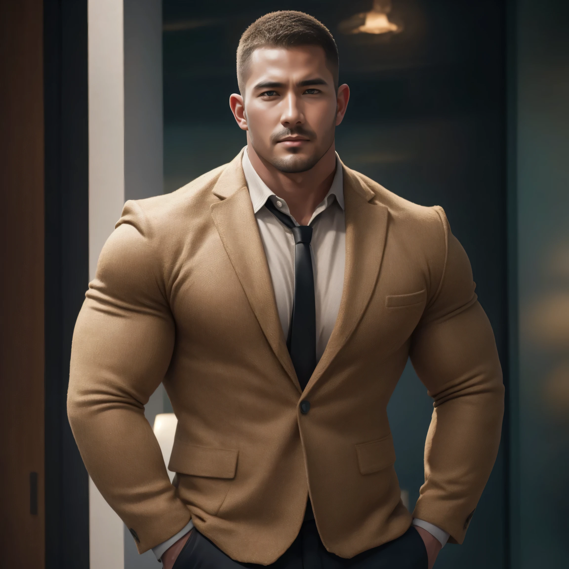 1boy, Frank Grillo, solo, facial hair,25 yrs old, dom, male focus, bara, muscular, mature male, muscular male, beard, short hair, thick eyebrows, brown-skinned male, thighs, formal suit, formal shoes, socks, dark skin, tie, full body in frame, thick thighs, looking at viewer, masterpiece, 4k, high quality, highres, absurdres,His perfect( big huge penis) is (coming out) of his pant,masterpieces, nudity, pornography, seductive, erotic, exotic