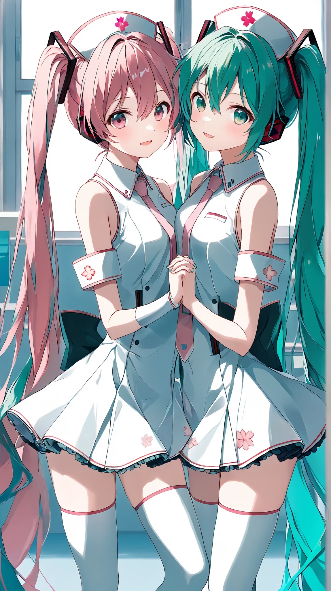 (Sakura Miku, pink hair, pink eyes:1.5), and, ( Hatsune Miku, Blue-green hair, Blue-green eyes:1.5), 2girls, (master piece, professional quality, high resolution, 8k, sharp focus), Nurse Costume, white leotard, mini skirt, (pink necktie:1.4), Off shoulder tops, detached sleeves, white thighhighs, High heels, standing,blush, cheerful:d, heads together:1.4, Two hands clasped, from front, look at viewer, bloom, rim lighting, silky hair, In a hospital waiting room, in focus with blurred background,
