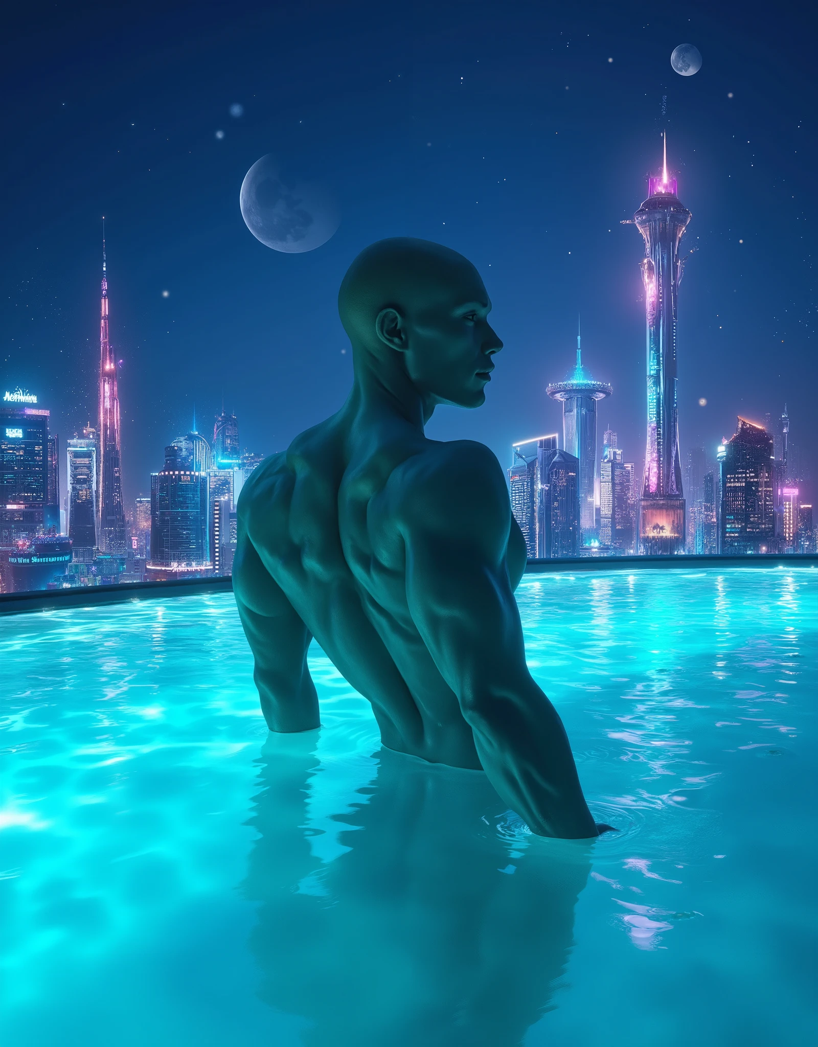 Masterpiece, Accurate, Award Winning, Best Quality, Extremely Detailed, 8K, HD, Super-Resolution, Cinematic Lighting, F/11 Depth Of Field, Photorealistic, Full Coloured, Shot . Shot on 70mm, 5D. A ((bald, sensual alien being with luminous green skin)) stands waist-deep in a ((blue bioluminescent rooftop pool)), his muscular form partially submerged in the softly glowing water. His ((smooth, flawless skin radiates an ethereal glow, casting subtle reflections onto the pool's rippling surface)). His ((broad shoulders and sculpted back muscles are accentuated by the soft ambient light)), creating an otherworldly contrast against the shimmering liquid.  

His ((long, elegant fingers lightly skim the water's surface)), creating gentle ripples that catch the neon luminescence of the pool. His ((head is turned slightly, revealing his sharp cheekbones, strong jawline, and piercing, luminescent eyes that seem to glow from within)). His expression is both tranquil and alluring, a mix of quiet contemplation and unspoken desire.  

The backdrop showcases an expansive ((alien skyline of towering crystalline spires, glowing holographic advertisements, and floating structures suspended in the sky)). The cityscape pulses with ((neon blues, deep purples, and flickering bioluminescent hues)), casting a mesmerizing glow over the scene. Above, a ((deep indigo sky is speckled with twin moons and drifting celestial bodies)), adding a dreamlike quality to the futuristic landscape.  

The atmosphere is serene yet charged with quiet sensuality, a fusion of futuristic elegance and untamed beauty. The gentle glow of the pool casts shifting light patterns across his muscular frame, while the vast skyline behind him gives a sense of solitude amidst the sprawling metropolis. The image captures a moment of stillness, mystery, and undeniable allure.